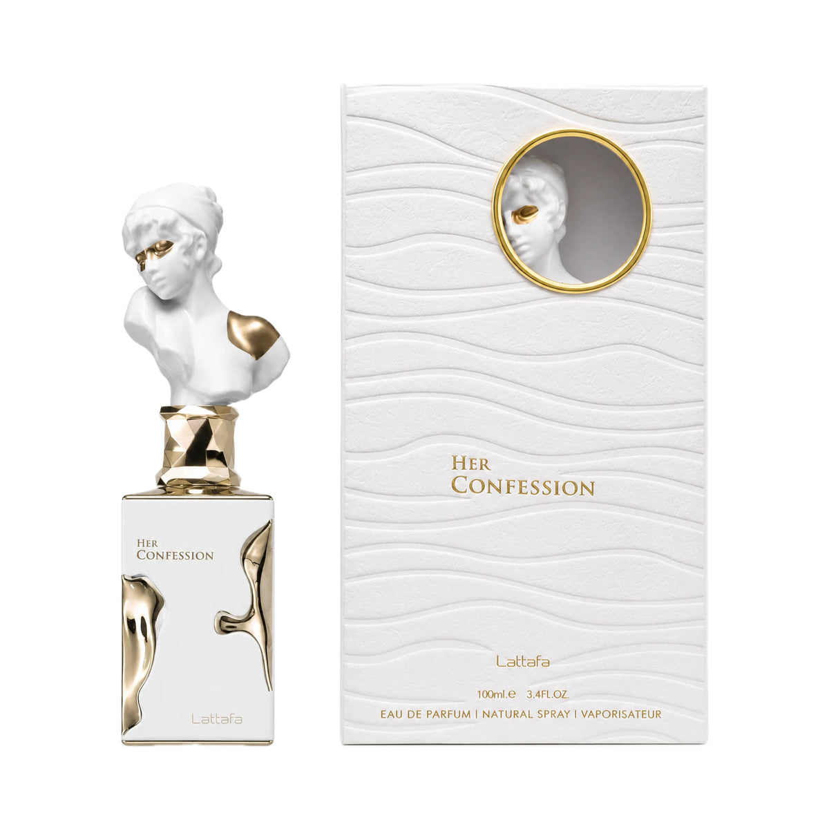 Frasco y caja de Her Confession Lattafa Eau de Parfum Para Mujer