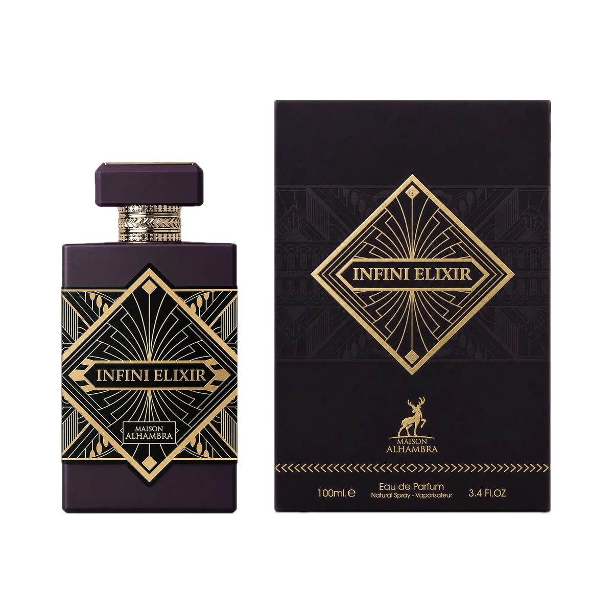 Frasco y caja de Infini Elixir Maison Alhambra Eau de Parfum Para Mujer