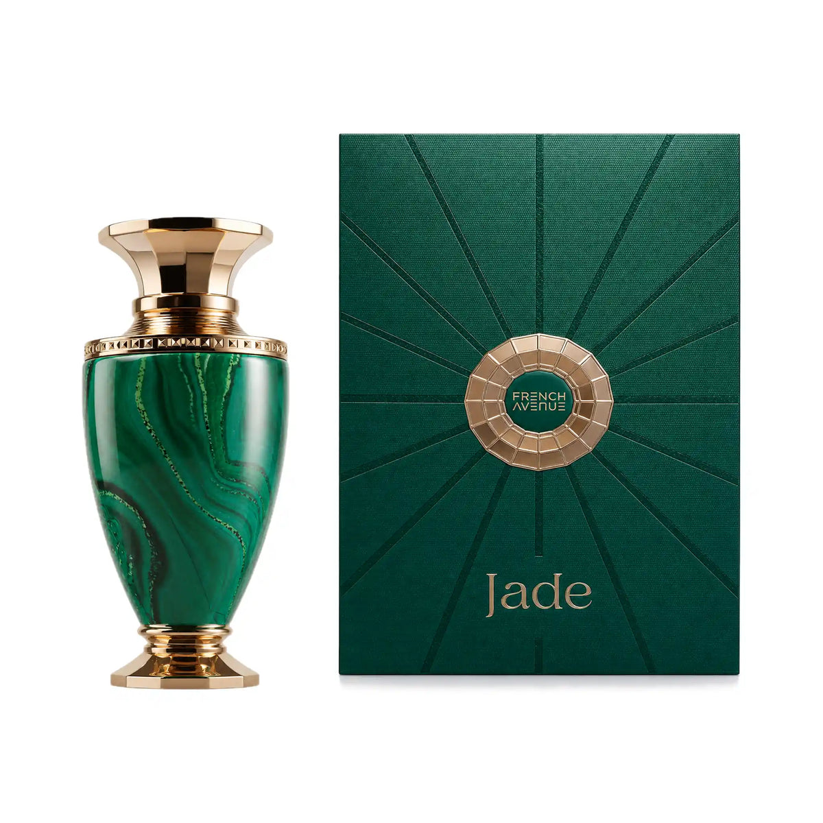 Frasco y caja de Jade French Avenue Extrait de Parfum Unisex