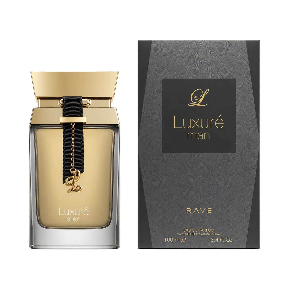 Frasco y caja de Luxure Man Rave Eau de Parfum Para Hombre