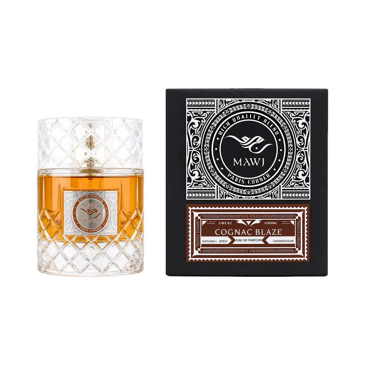 Frasco y caja de Mawj Cognac Blaze Paris Corner Eau de Parfum Unisex