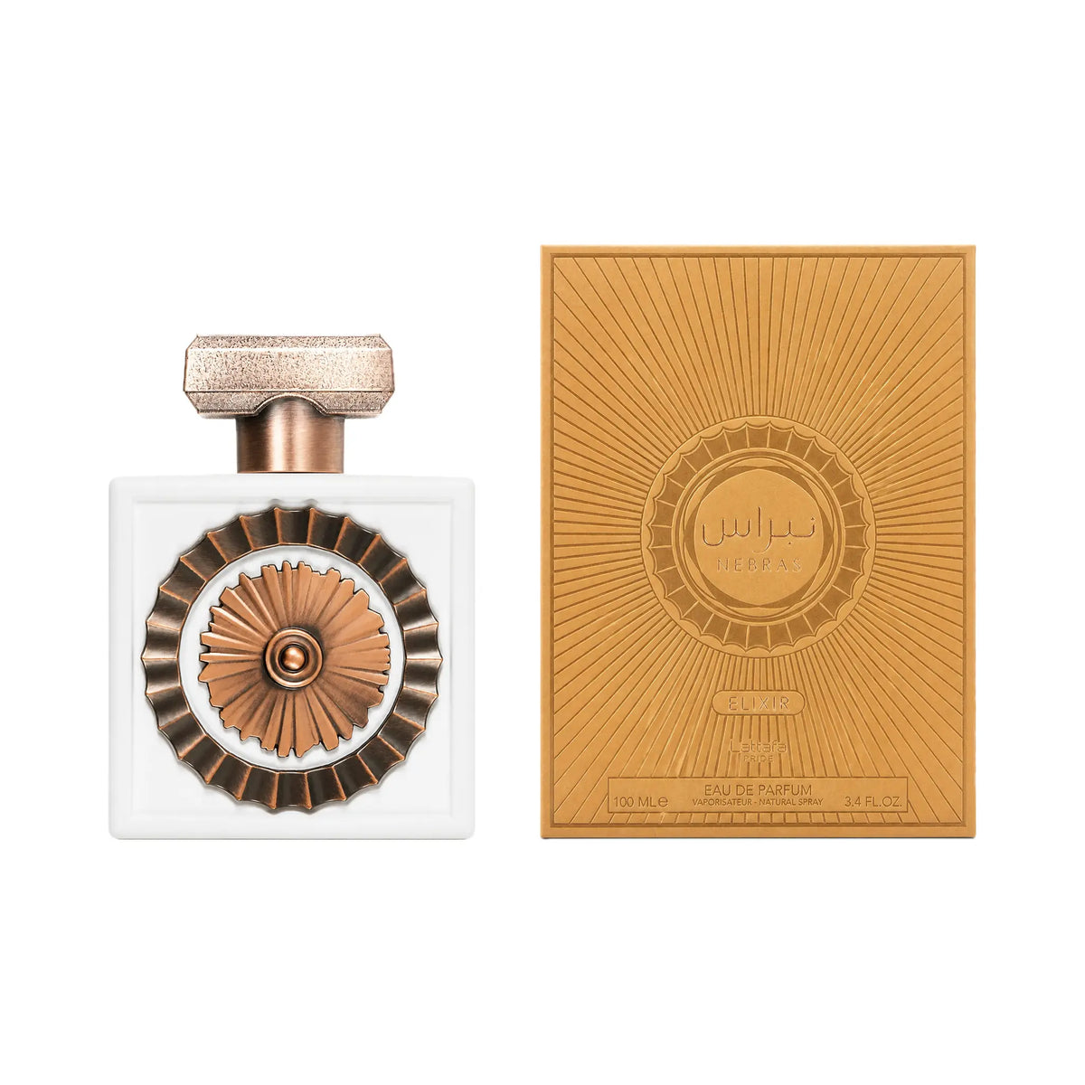 Frasco y caja de Nebras Elixir Lattafa Eau de Parfum Unisex