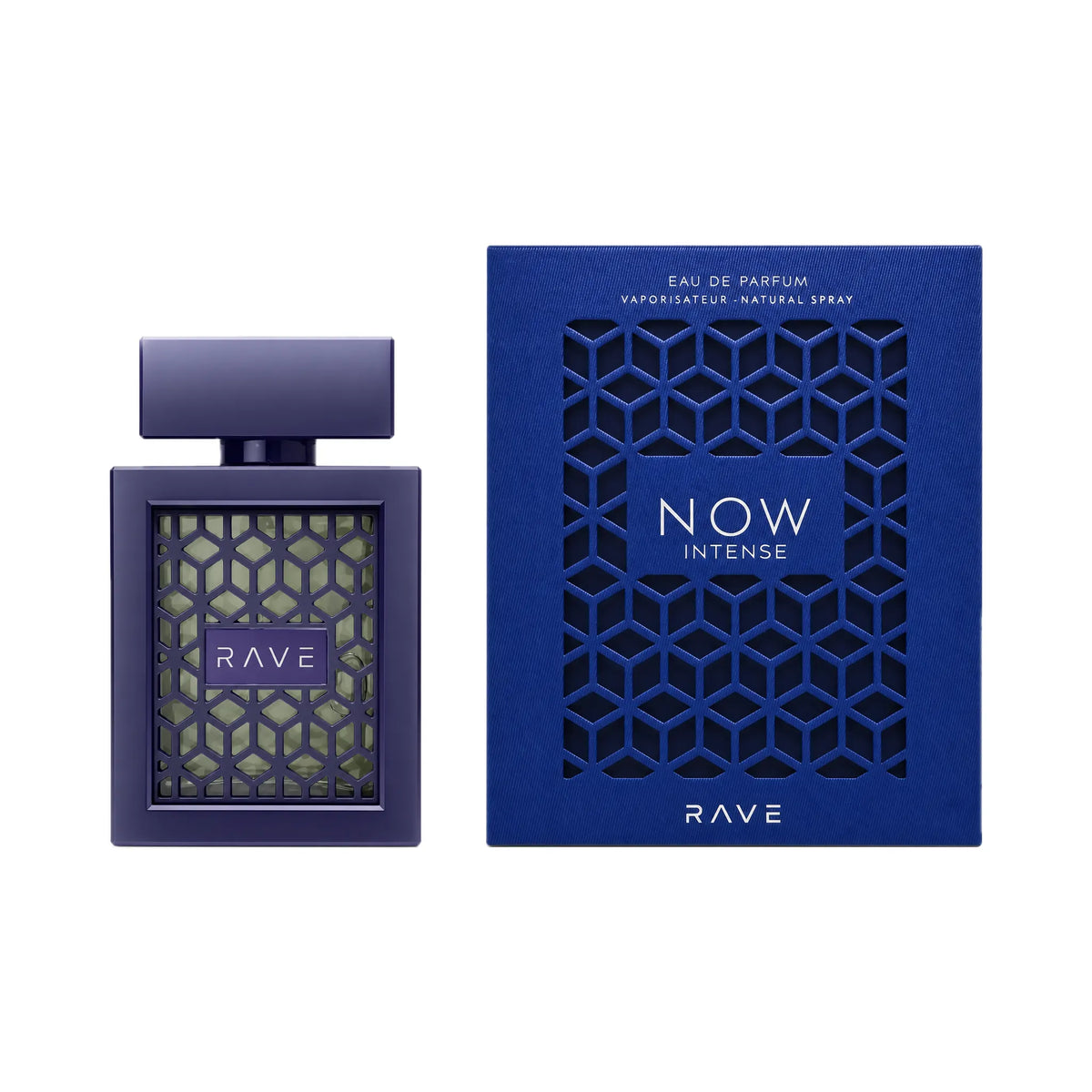 Frasco y caja de Now Intense Rave Eau de Parfum Para Hombre