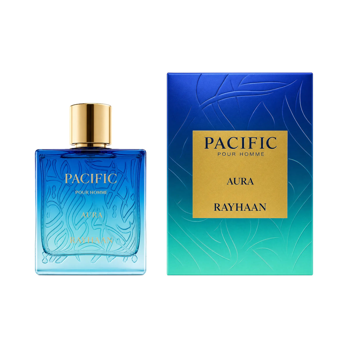 Frasco y caja del perfume Pacific Aura Rayhaan Eau de Parfum Para Hombre