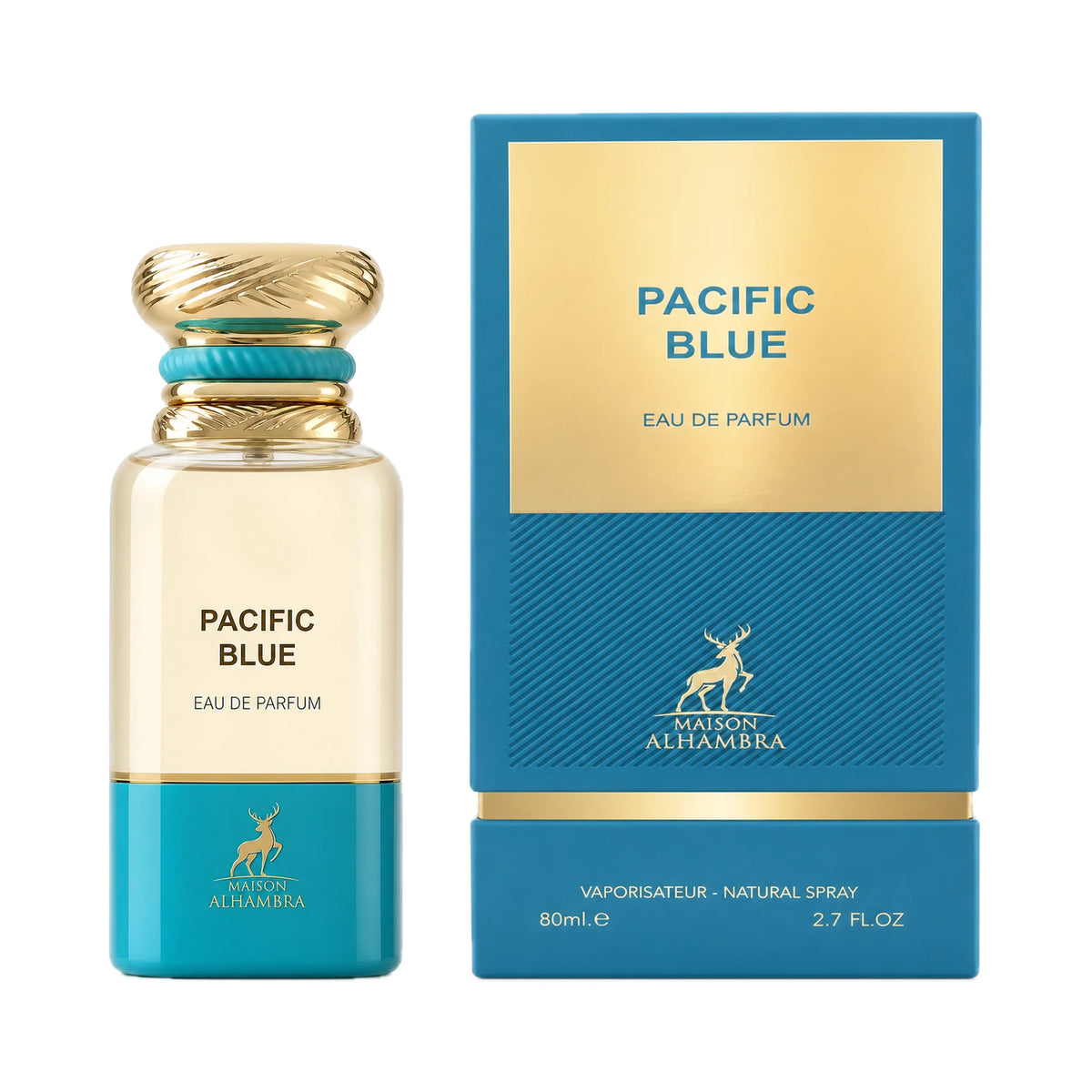 Frasco y caja del perfume Pacific Blue Maison Alhambra Eau de Parfum Unisex