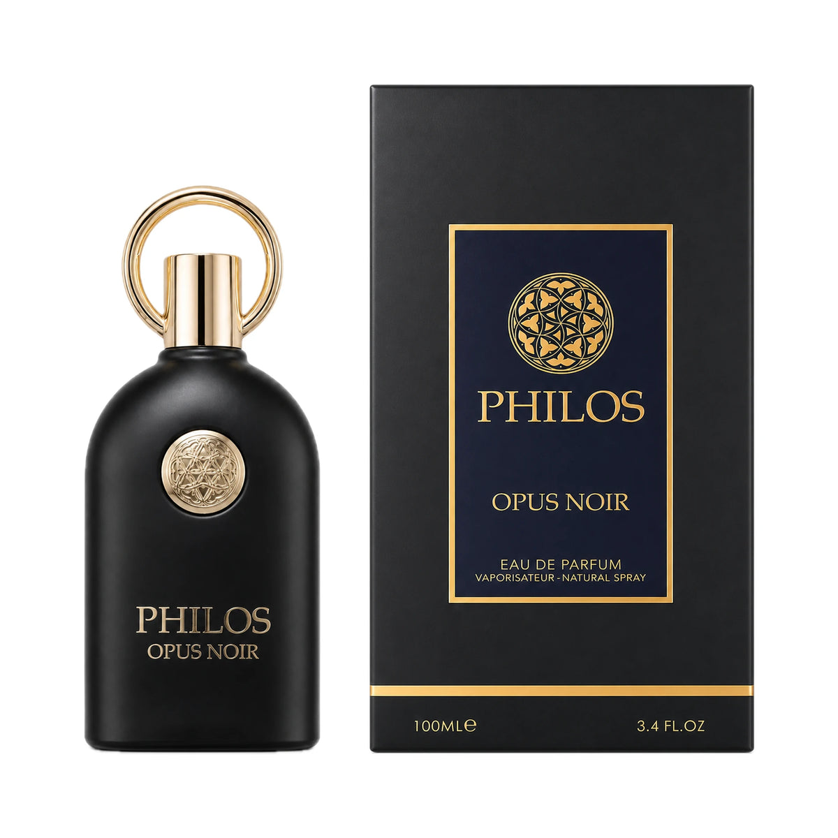 Frasco y caja del perfume Philos Opus Noir Maison Alhambra Eau de Parfum Unisex