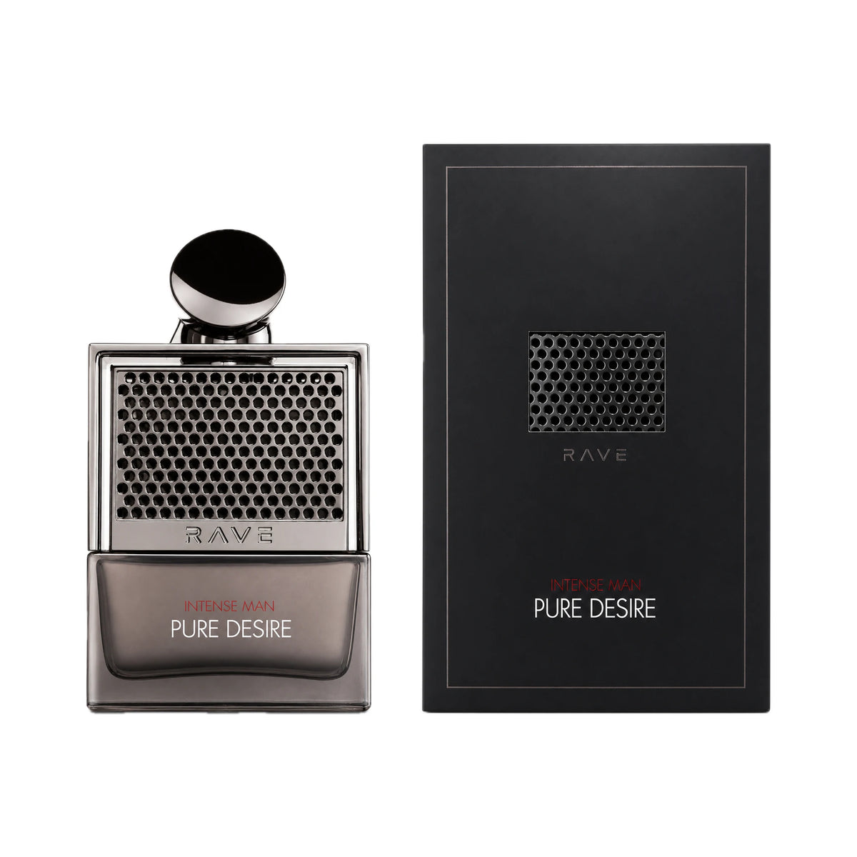Frasco y caja del perfume Pure Desire Intense Rave Eau de Parfum Para Hombre