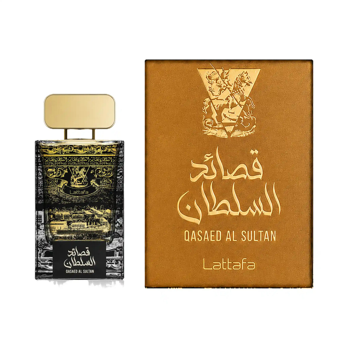 Frasco y caja del perfume Qasaed Al Sultan Lattafa Eau de Parfum Unisex