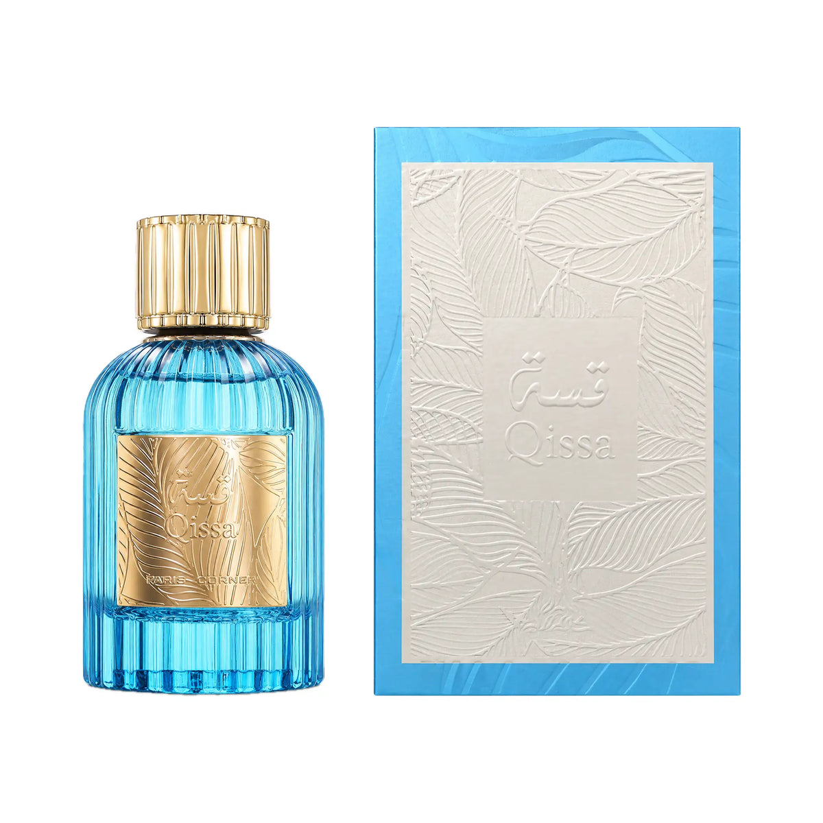 Frasco y caja del perfume Qissa Blue Paris Corner Eau de Parfum Unisex