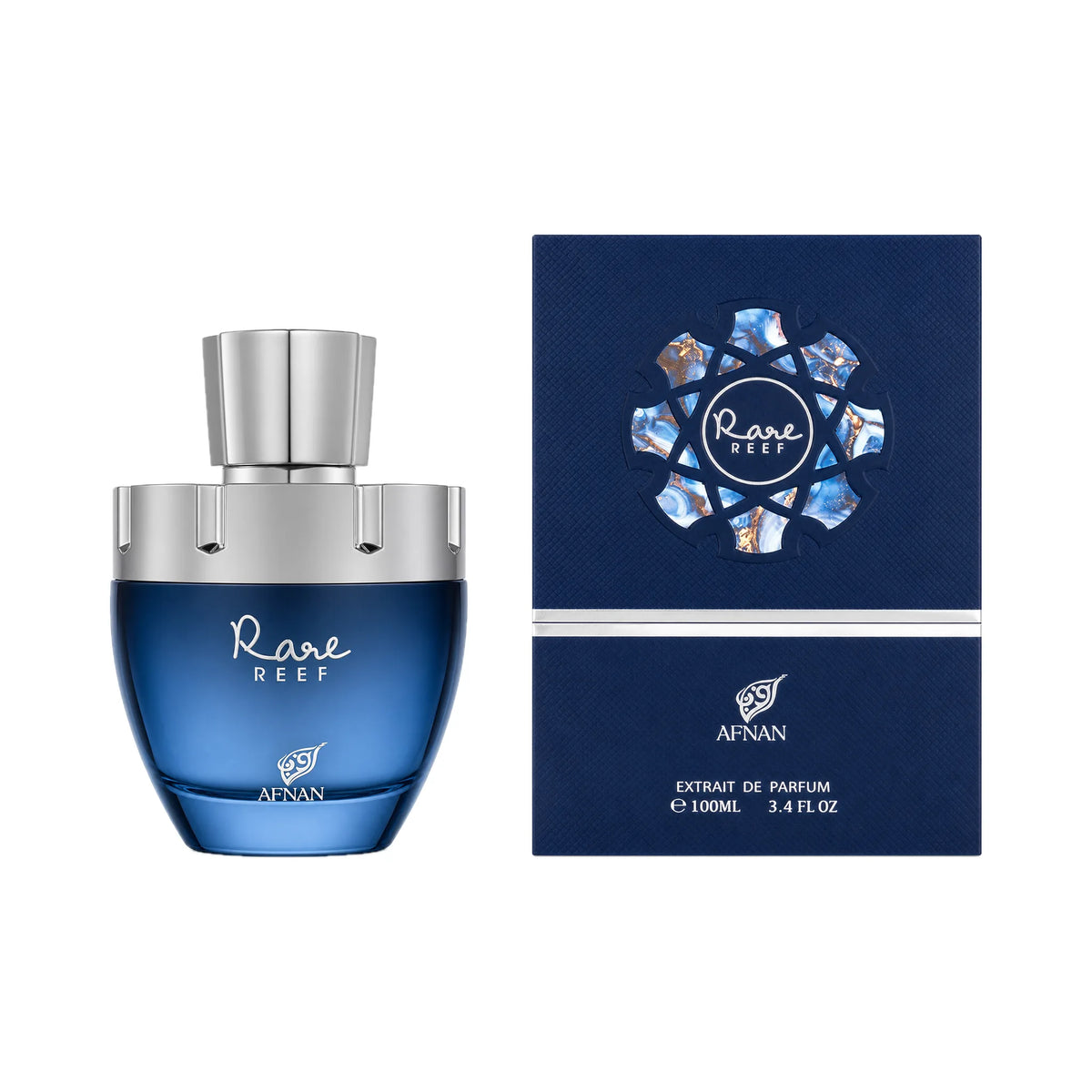 Frasco y caja del perfume Rare Reef Afnan Extrait de Parfum Unisex