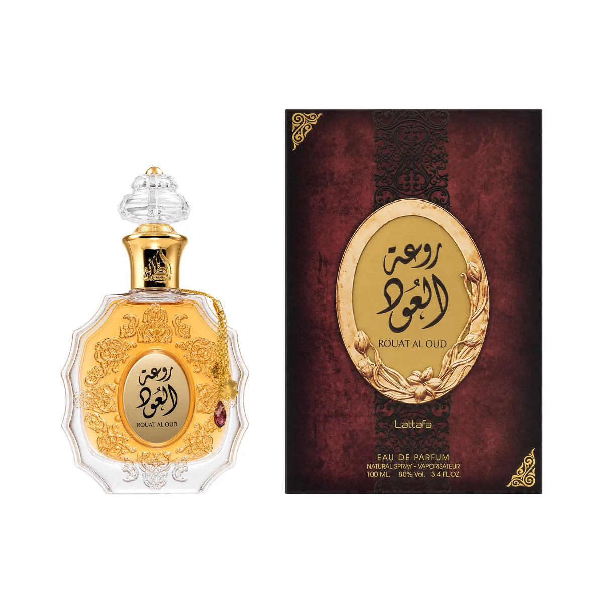 Frasco y caja del perfume Rouat Al Oud Lattafa Eau de Parfum Unisex