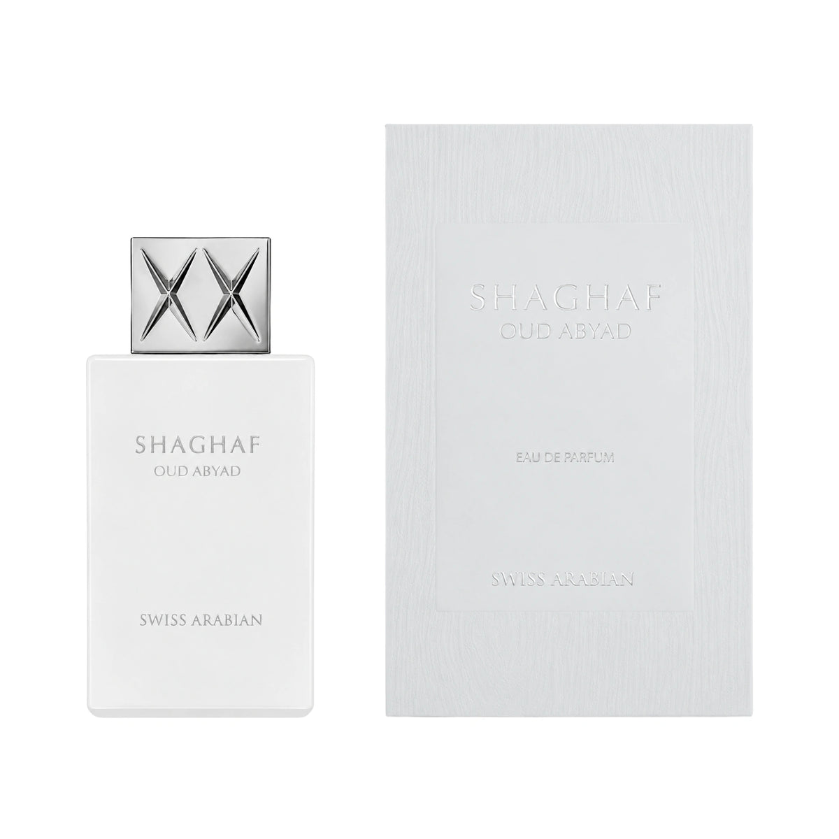Frasco y caja del perfume Shaghaf Oud Abyad Swiss Arabian Eau de Parfum Unisex