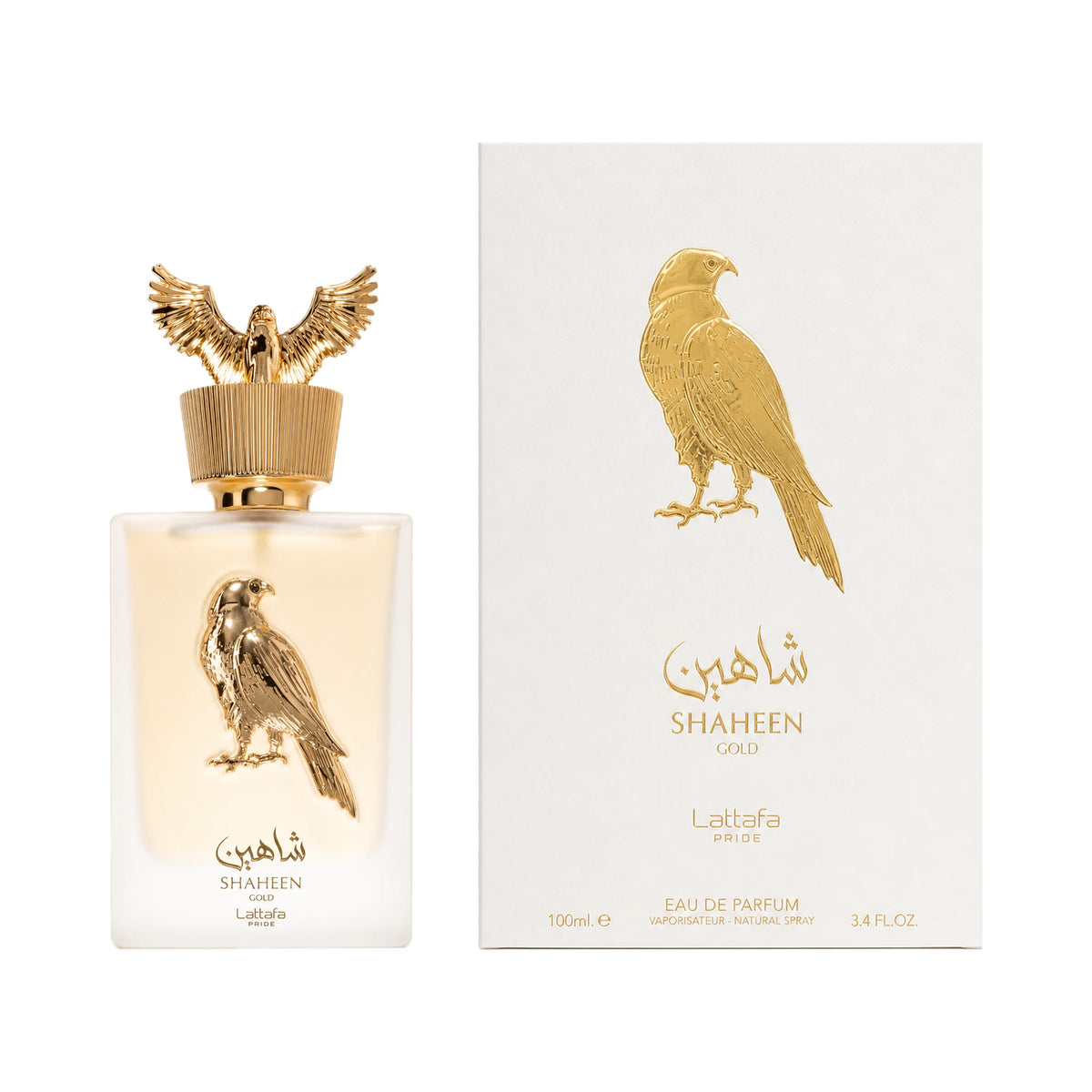 Frasco y caja del perfume Shaheen Gold Lattafa Eau de Parfum Unisex