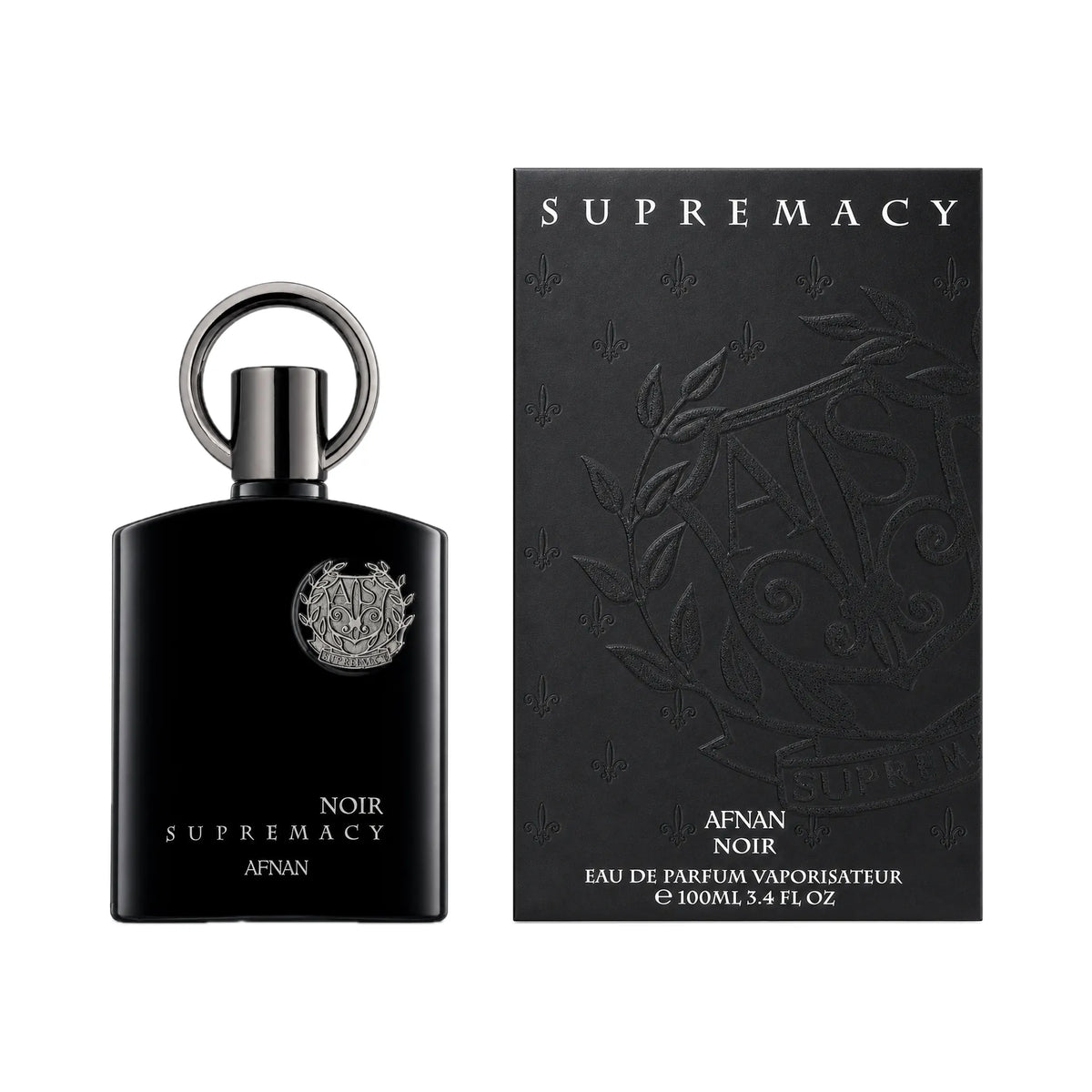 Frasco y caja del perfume Supremacy Noir Afnan Eau de Parfum Para Hombre