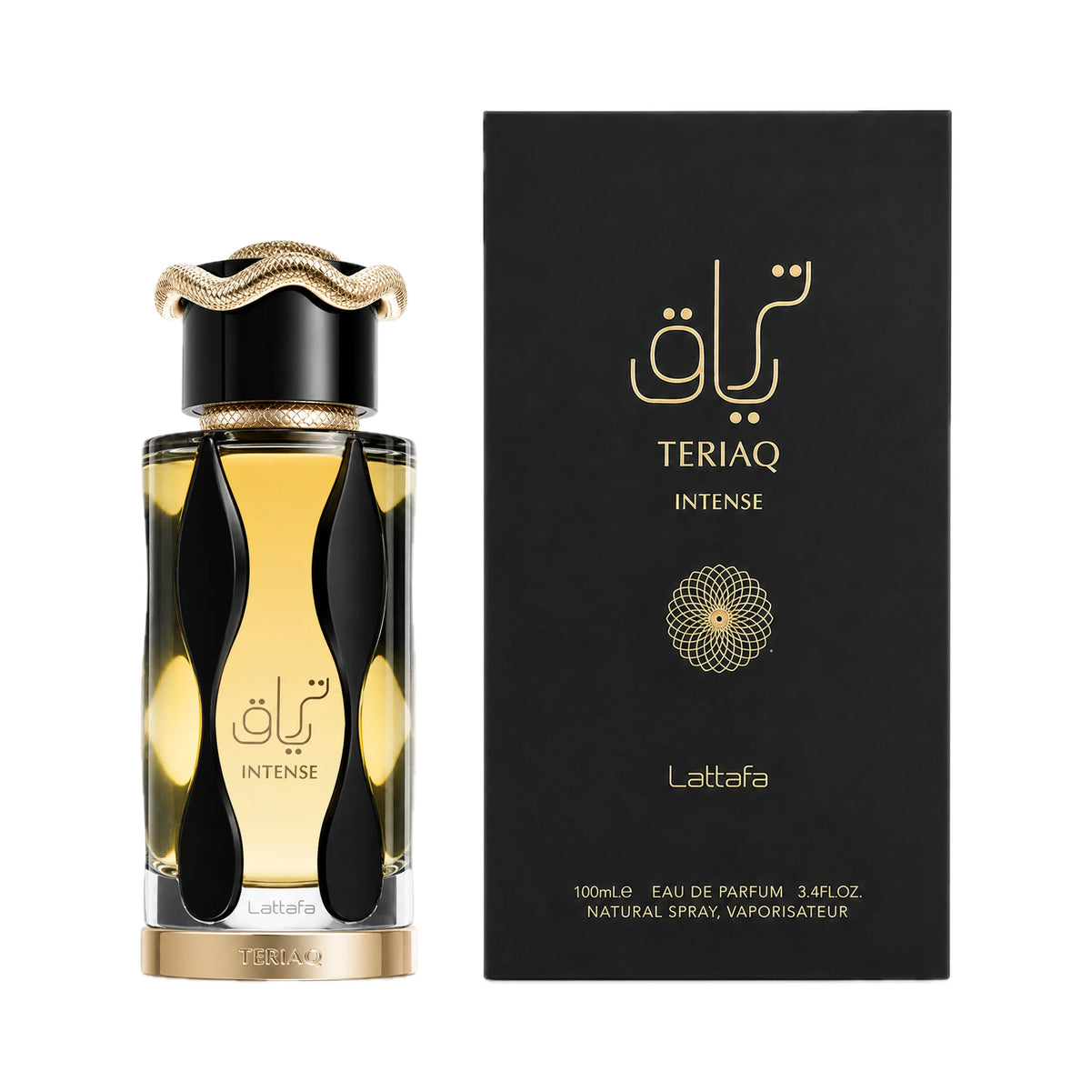 Frasco y caja del perfume Teriaq Intense Lattafa Eau de Parfum Unisex