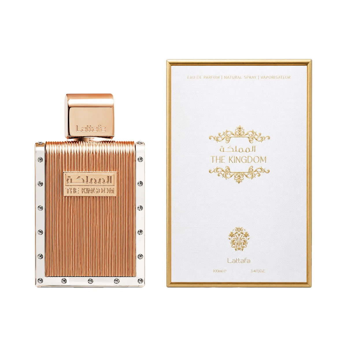 Frasco y caja del perfume The Kingdom Lattafa Eau de Parfum Para Hombre