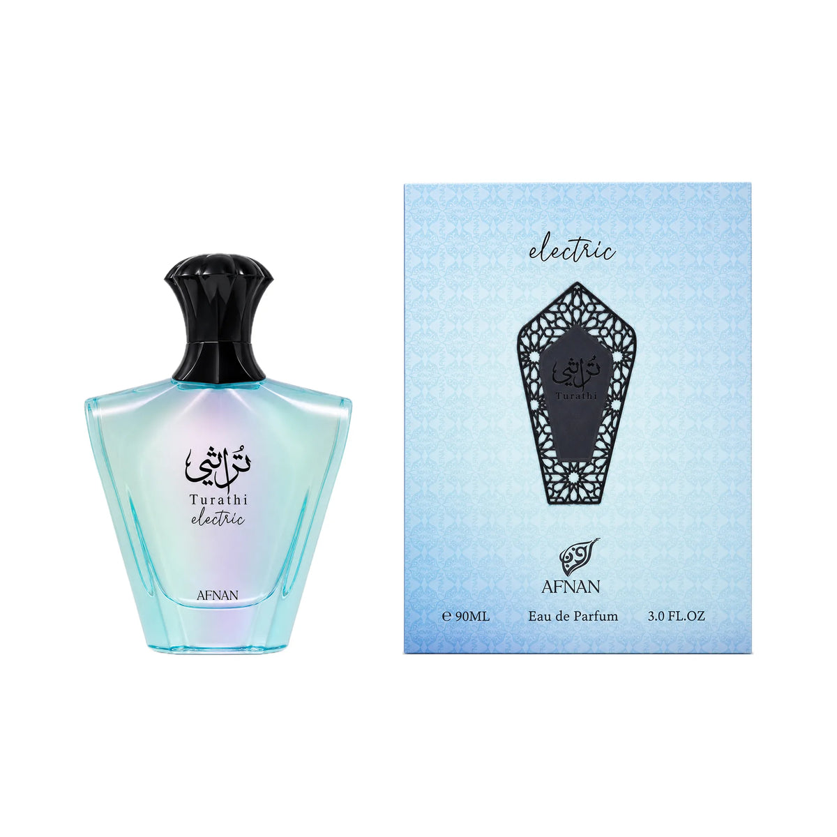 Frasco y caja del perfume Turathi Electric Afnan Eau de Parfum Unisex
