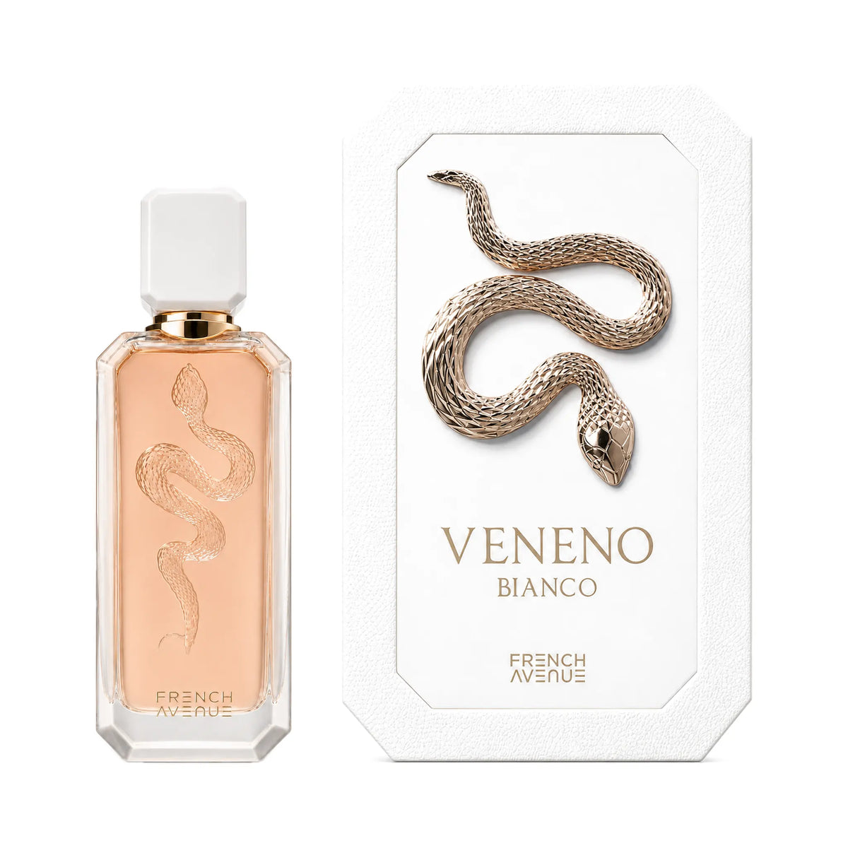 Frasco y caja del perfume Veneno Bianco French Avenue Eau de Parfum