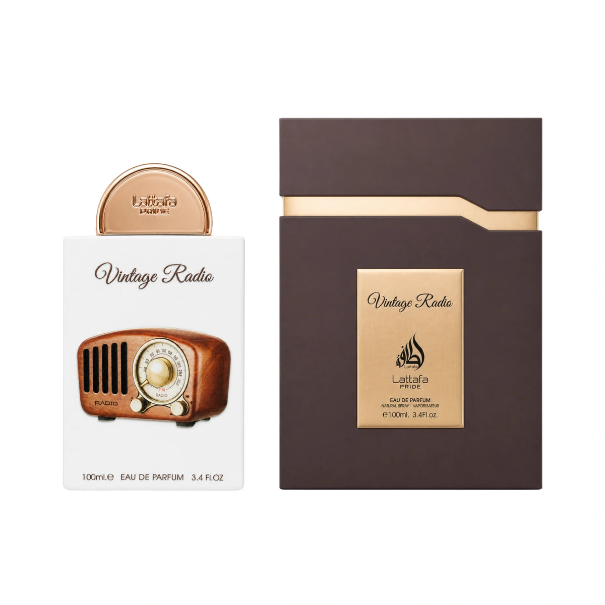 Frasco y caja del perfume Vintage Radio Lattafa Eau de Parfum