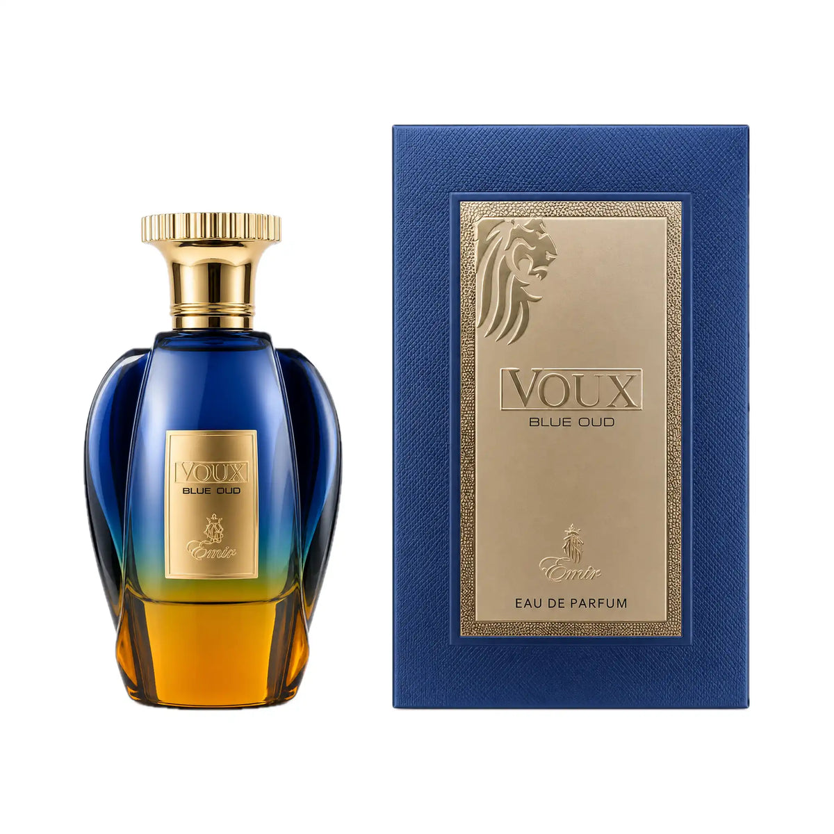 Frasco y caja del perfume Voux Blue Oud Emir Eau de Parfum
