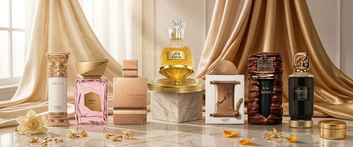 Mejores perfumes árabes unisex con fondo dorado