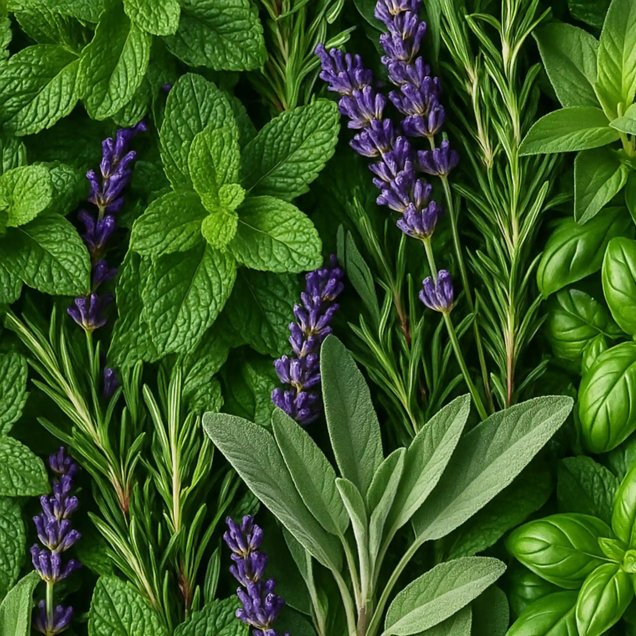 Fondo de hojas de lavanda, romero y albahaca
