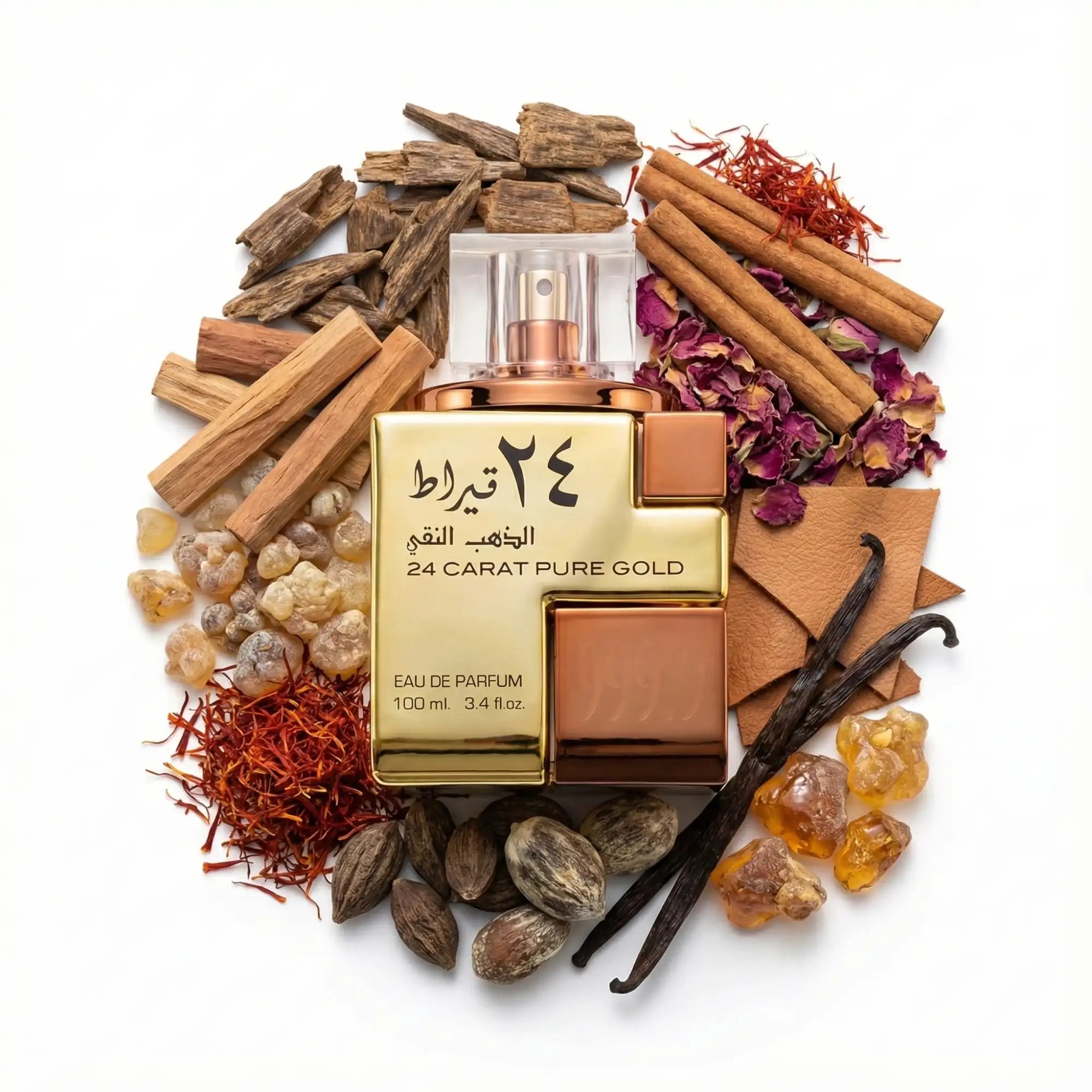 24_Carat_Pure_Gold_Lattafa_Eau_de_Parfum_Unisex_Fondo_Blanco_Madera-Azafran_Canela_Rosa_Sandalo_Cuero_Ambar_Vanilla_Incienso