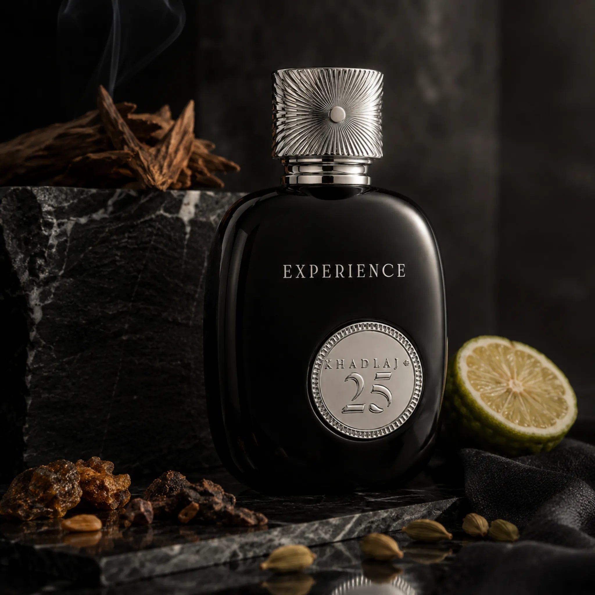 Fondo con ingrediente creativo y roca del perfume 25 Experience Khadlaj Eau de Parfum