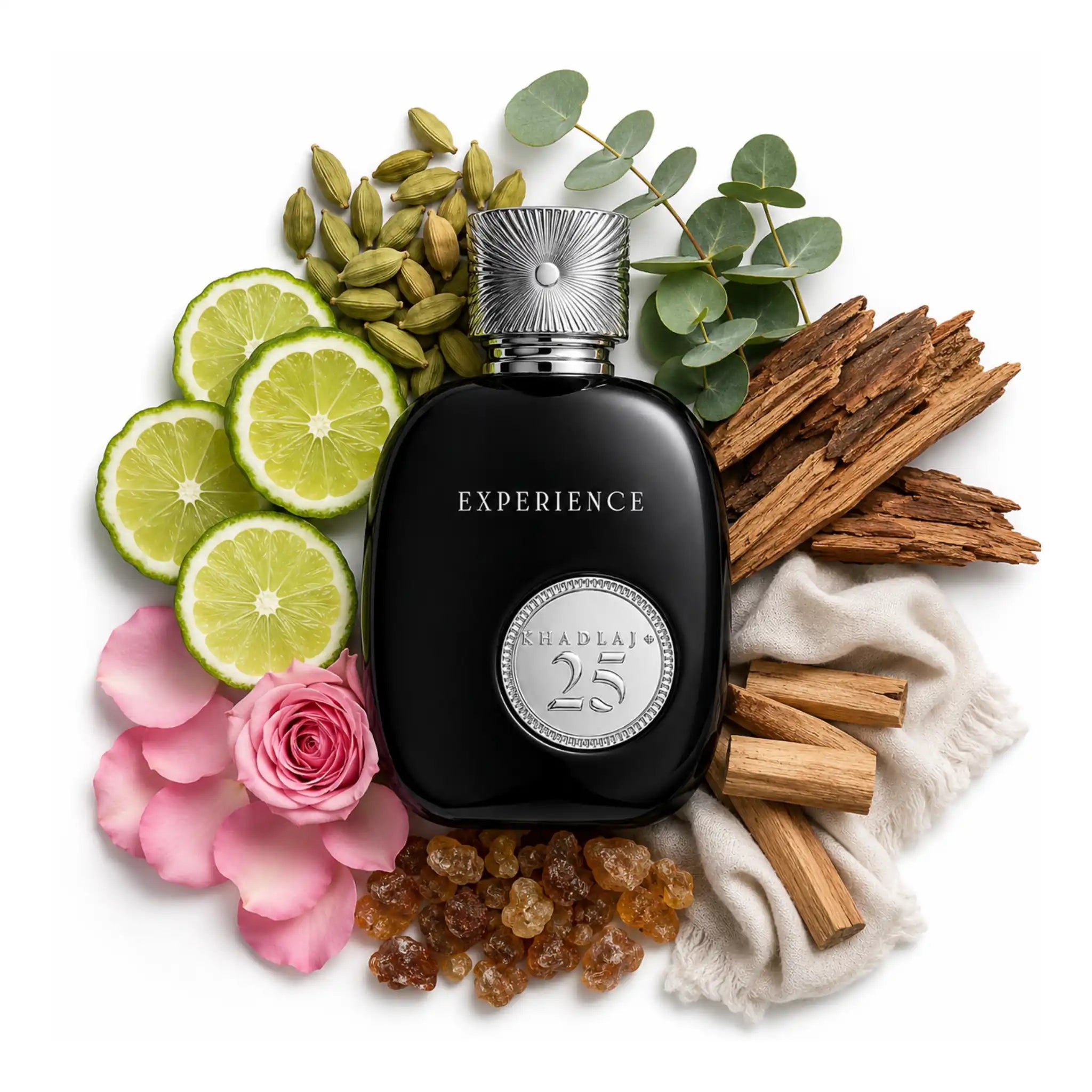 Fondo con ingredientes del perfume 25 Experience Khadlaj Eau de Parfum