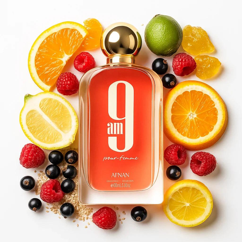 9AM_Pour_Femme_Afnan_Eau_de_Parfum_Para_Mujer_Fondo_Blanco_Naranja_Frambuesa