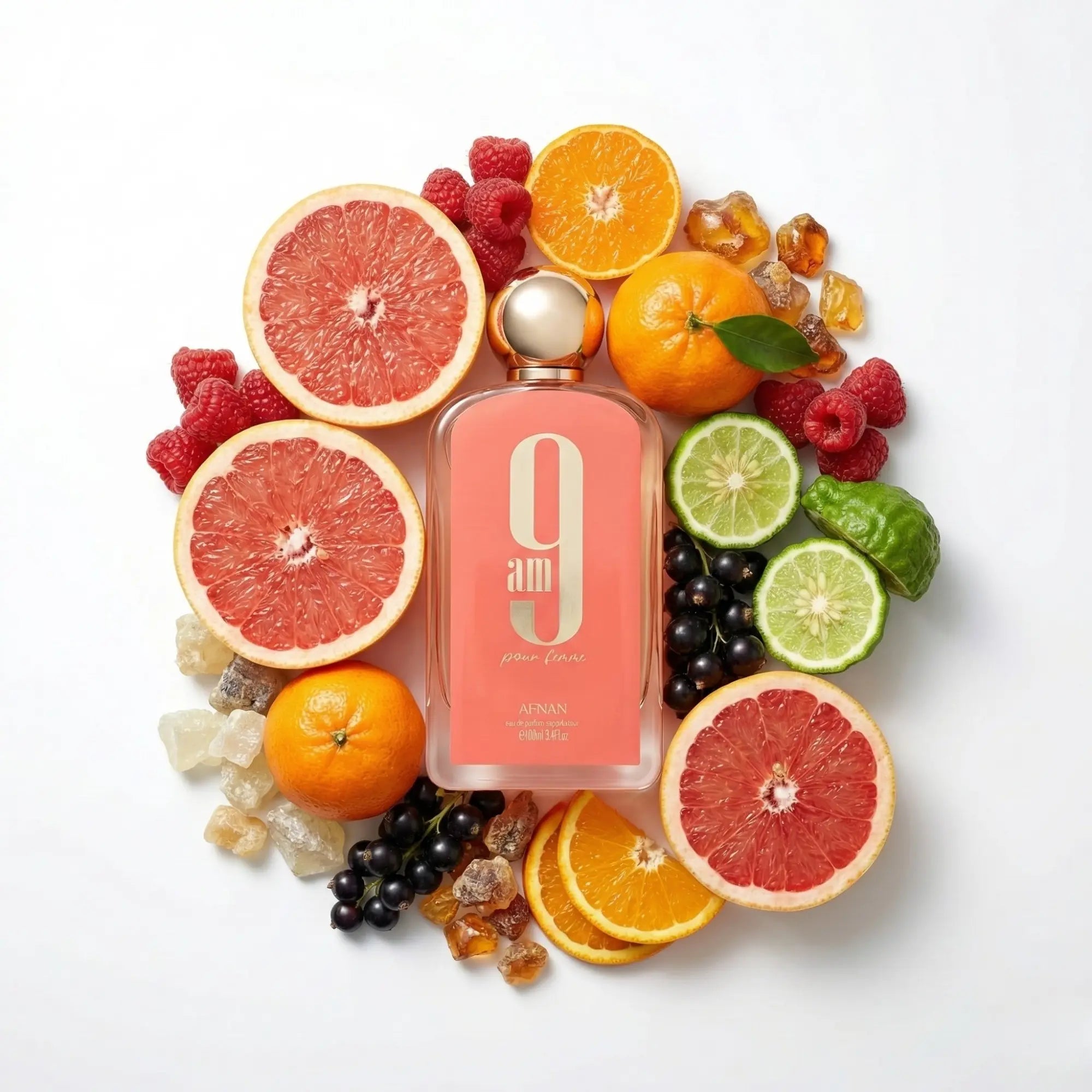 9AM_Pour_Femme_Afnan_Eau_de_Parfum_Para_Mujer_Fondo_Blanco_Naranja_Frambuesa