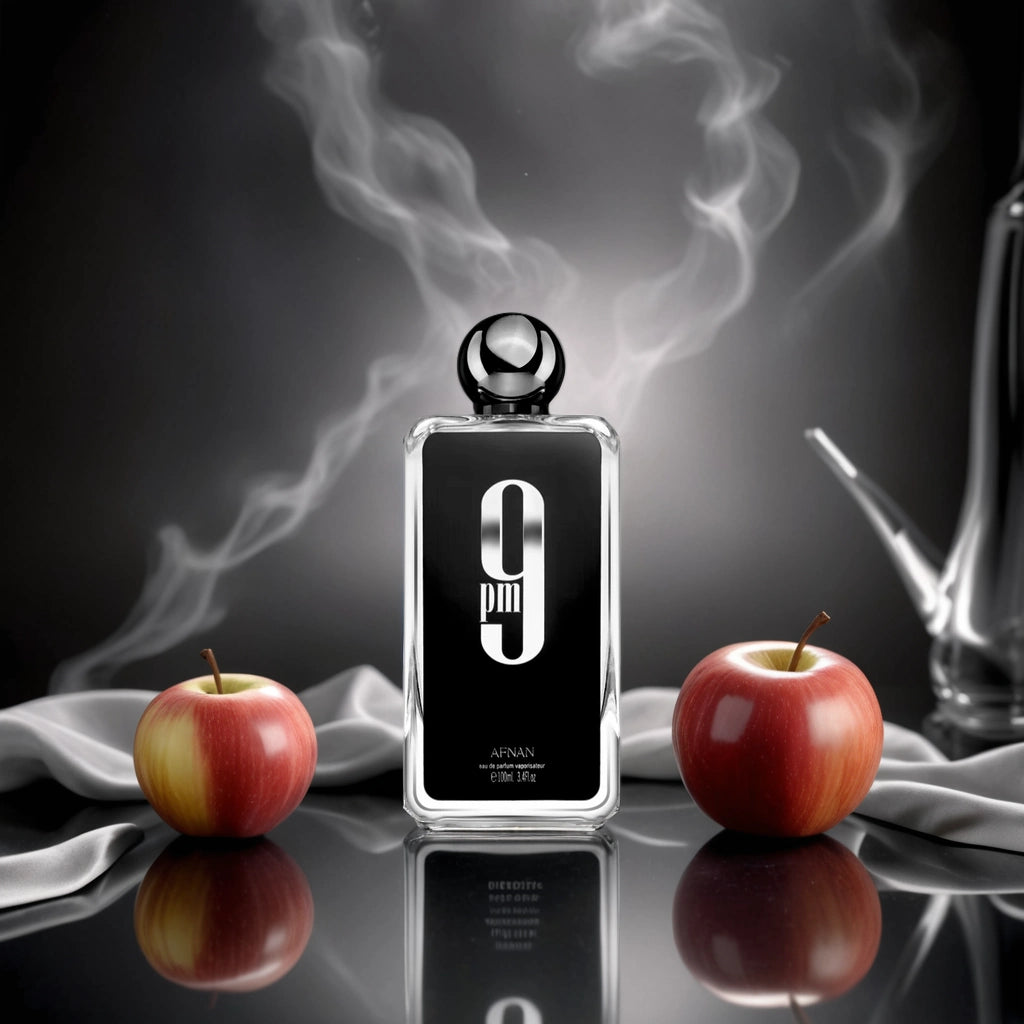 9PM Afnan Eau de Parfum Para Hombre con fondo con manzanas