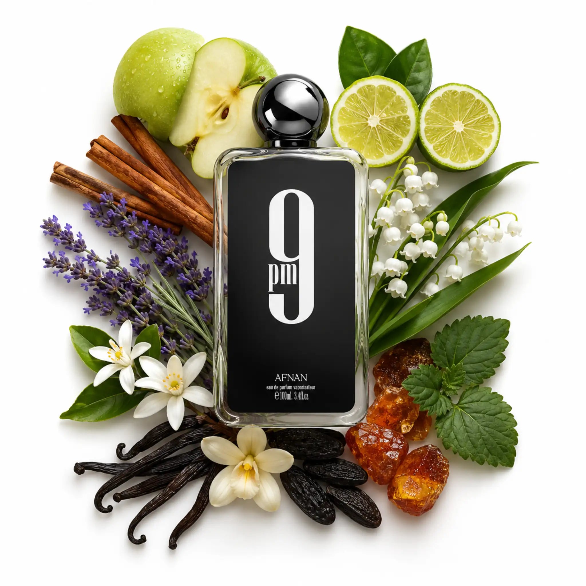 9PM Afnan Eau de Parfum Para Hombre con fondo de ingredientes