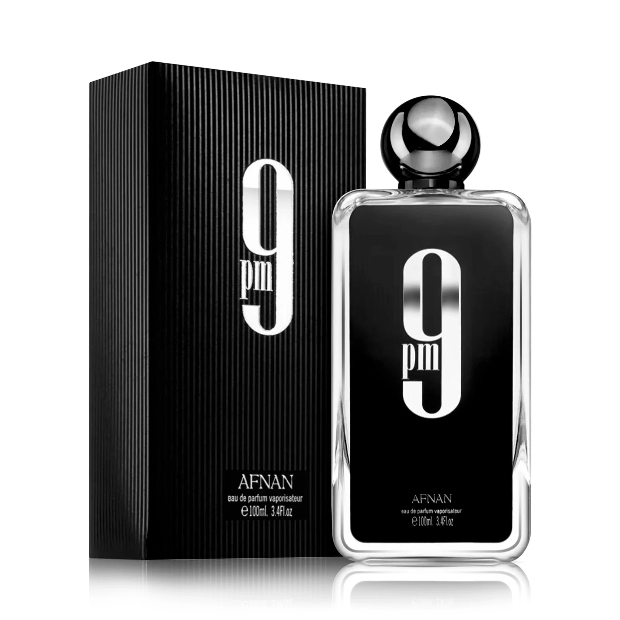 Frontal del 9PM Afnan Eau de Parfum Para Hombre con su caja