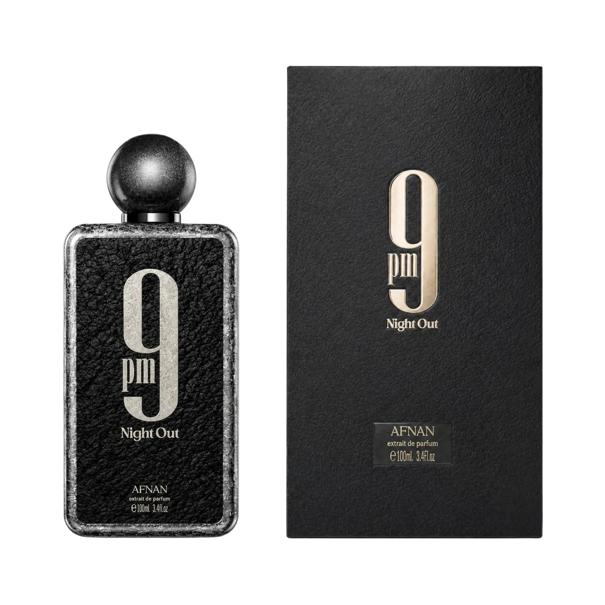 Frasco y caja de 9PM Night Out Afnan Extrait de Parfum