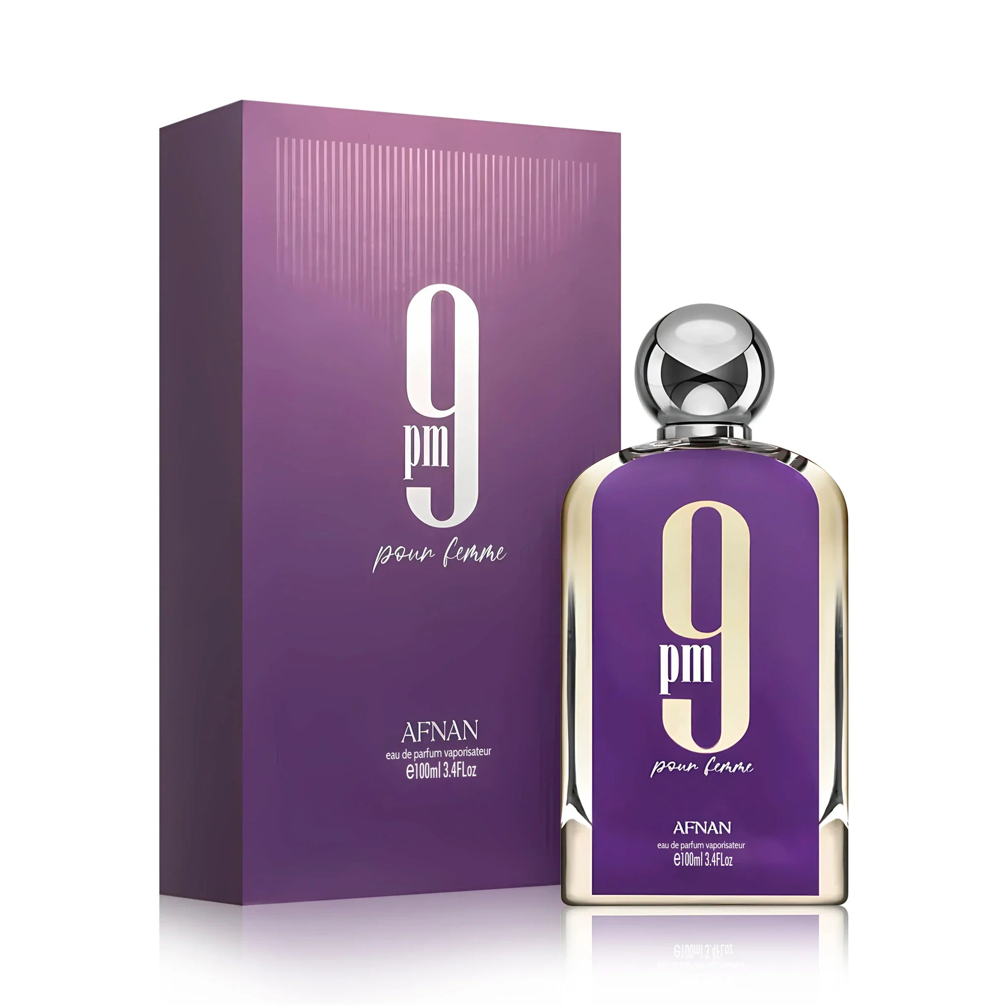 Frasco y caja de 9PM Pour Femme Afnan Eau de Parfum Para Mujer