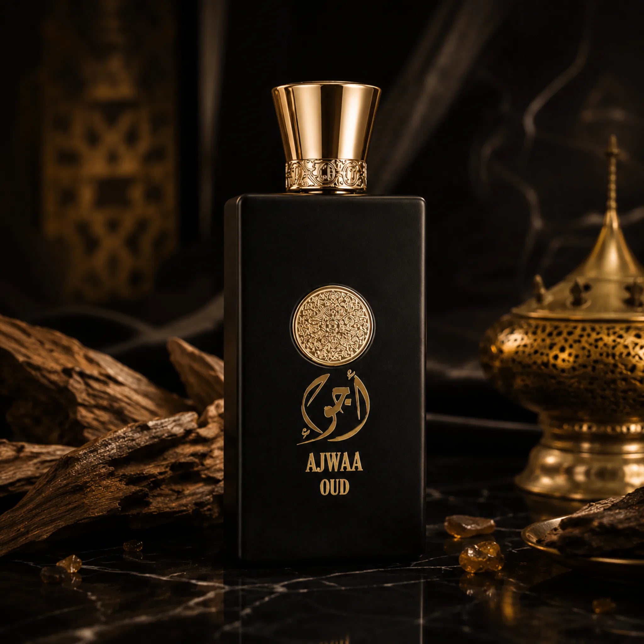 Fondo oscuro y dorado con el perfume Ajwaa Oud Nusuk Eau de Parfum