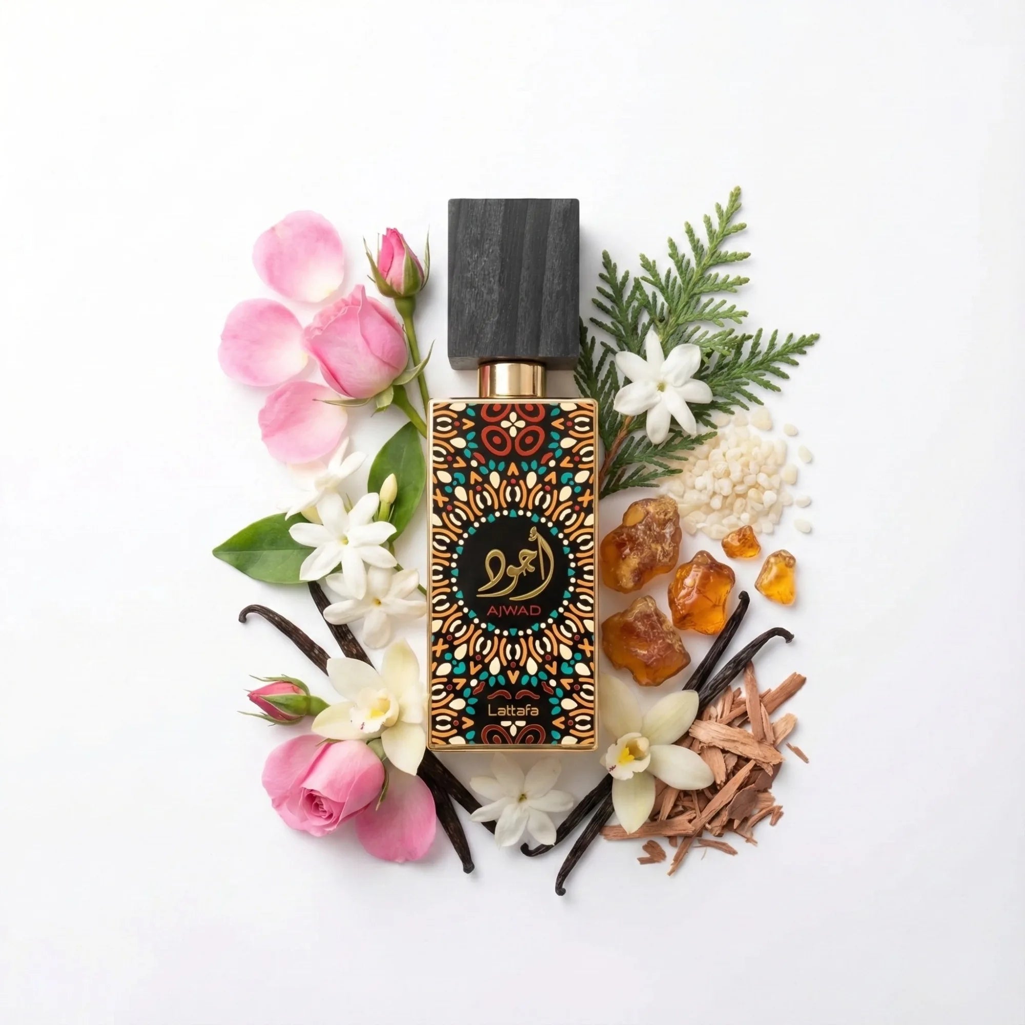 Ajwad_Lattafa_Eau_de_Parfum_Para_Mujer_Fondo_Blanco_Frutas_Rosa_Jazmi_Almizcle_Ambar_Cedro