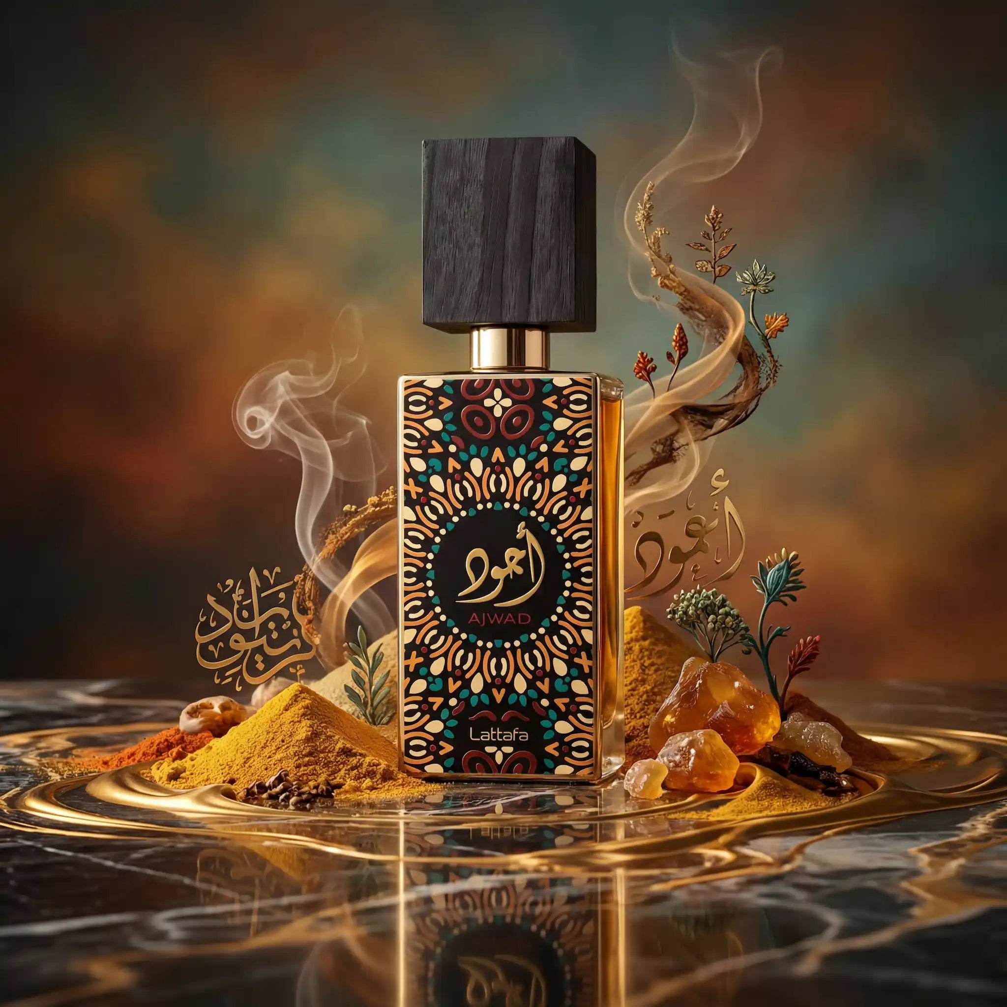 Ajwad Lattafa Eau de Parfum Para Mujer con fondo creativo de especies