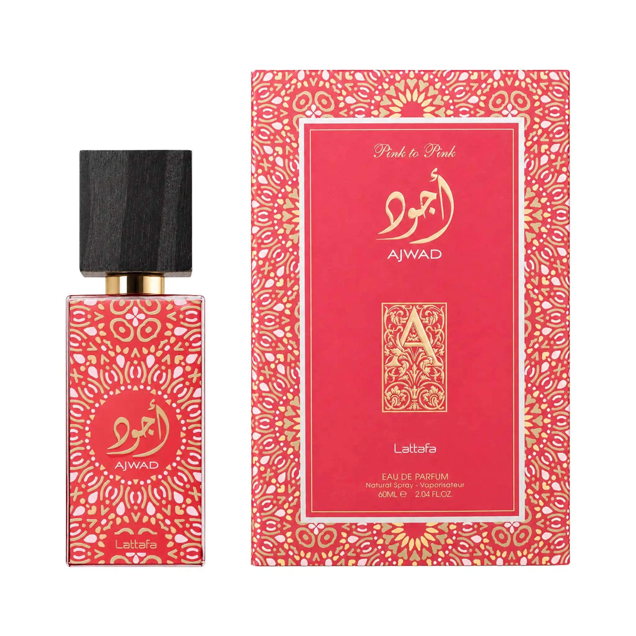 Frasco y caja de Ajwad Pink to Pink Lattafa Eau de Parfum
