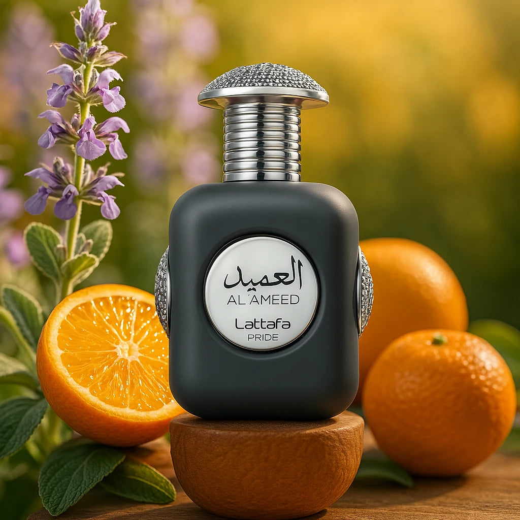 Al Ameed Lattafa Eau de Parfum Para Hombre con fondo de frutas