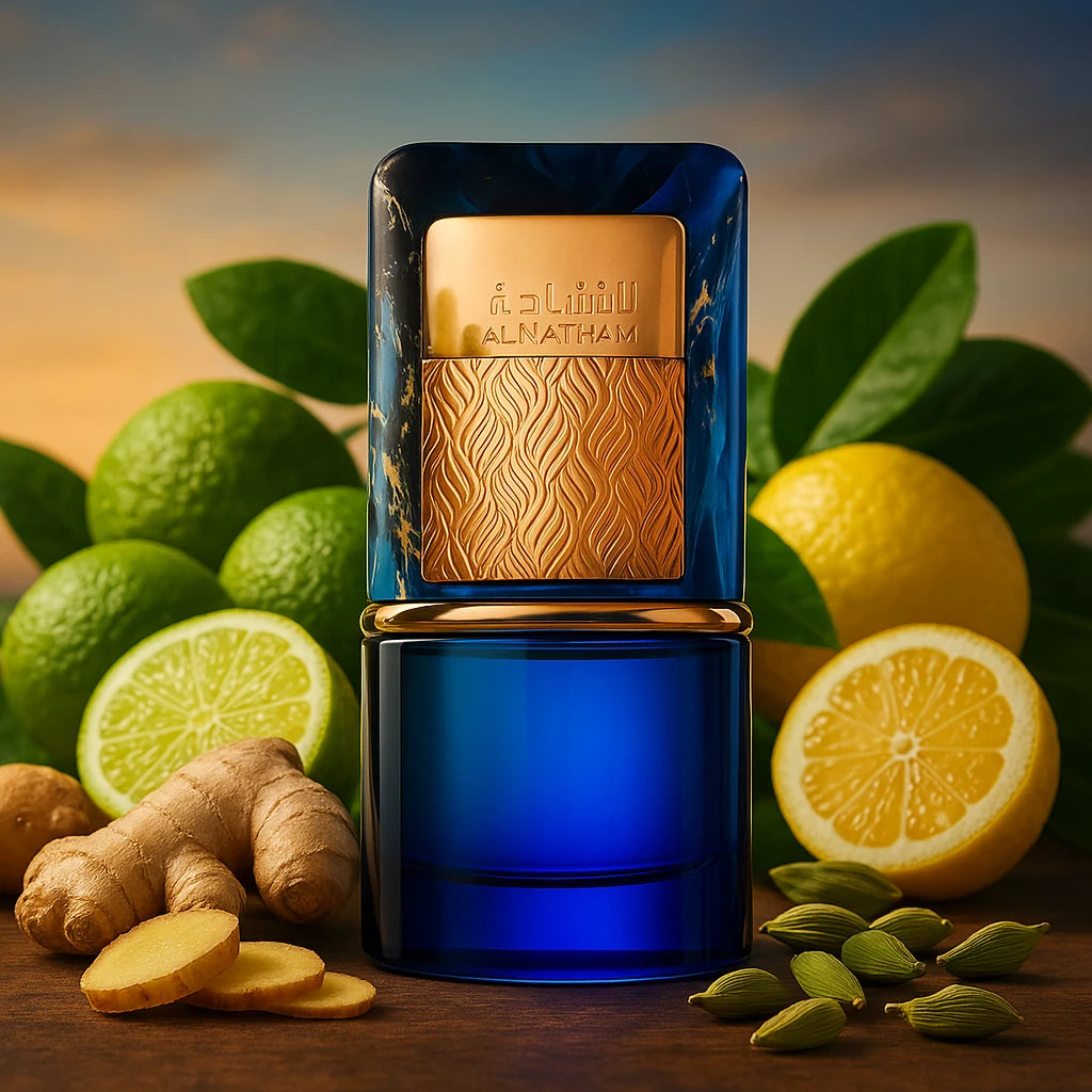 Al Nashama Caprice Lattafa Eau de Parfum Para Hombre con fondo de jengibre