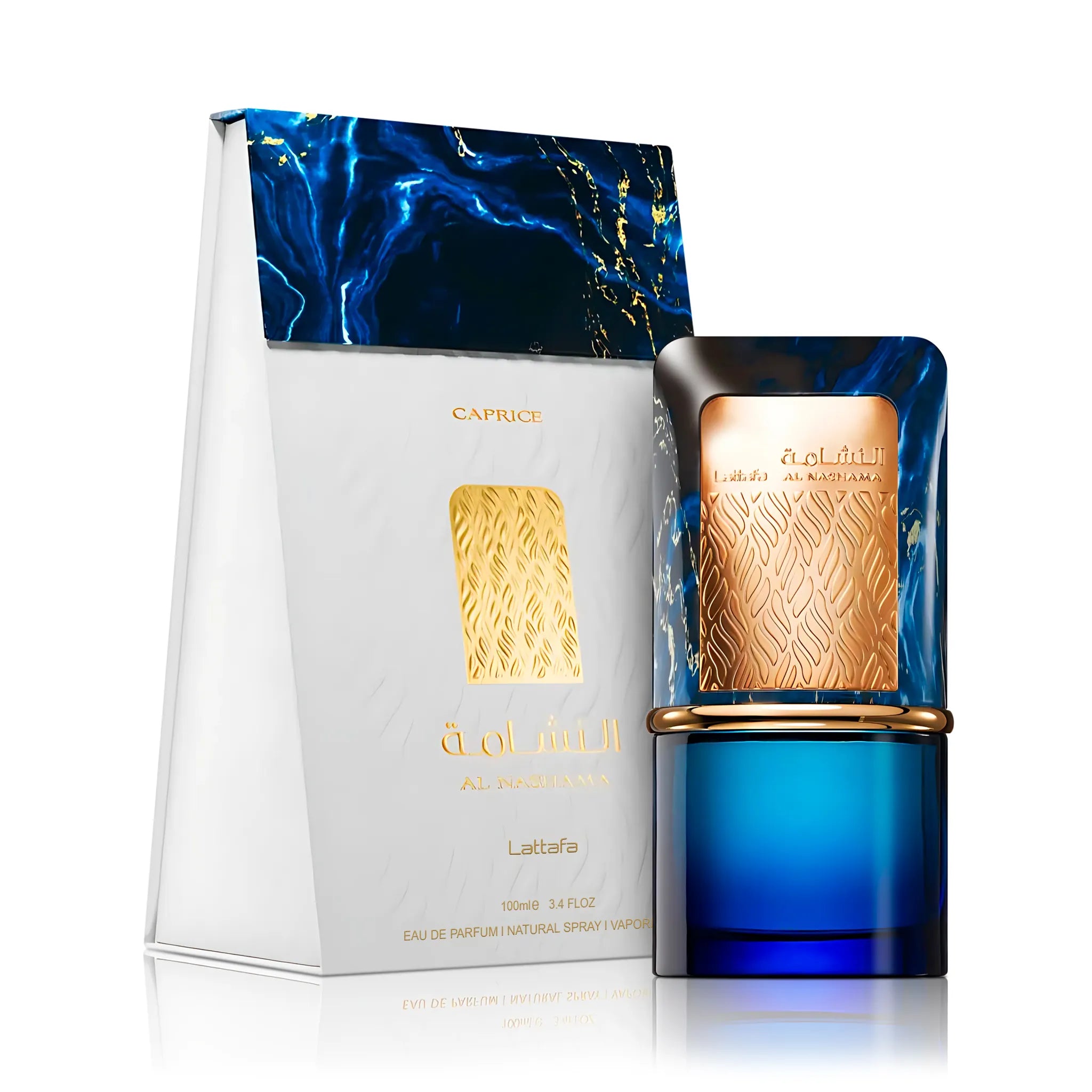 Frasco y caja de Al Nashama Caprice Lattafa Eau de Parfum Para Hombre