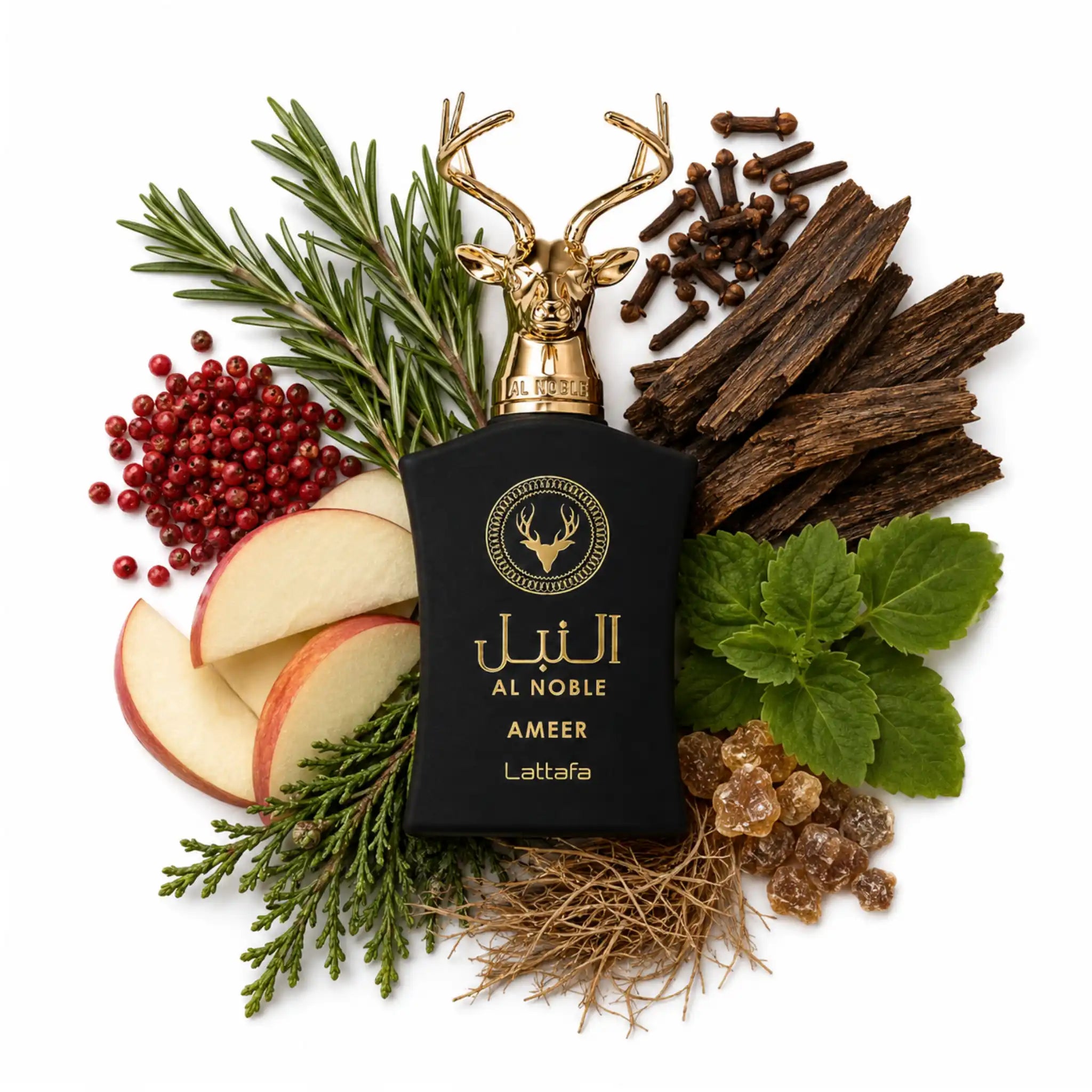 Al_Noble_Ameer_Lattafa_Eau_de_Parfum_Para_Hombre_Fondo_Blanco_Pimienta_Manzana_Romero