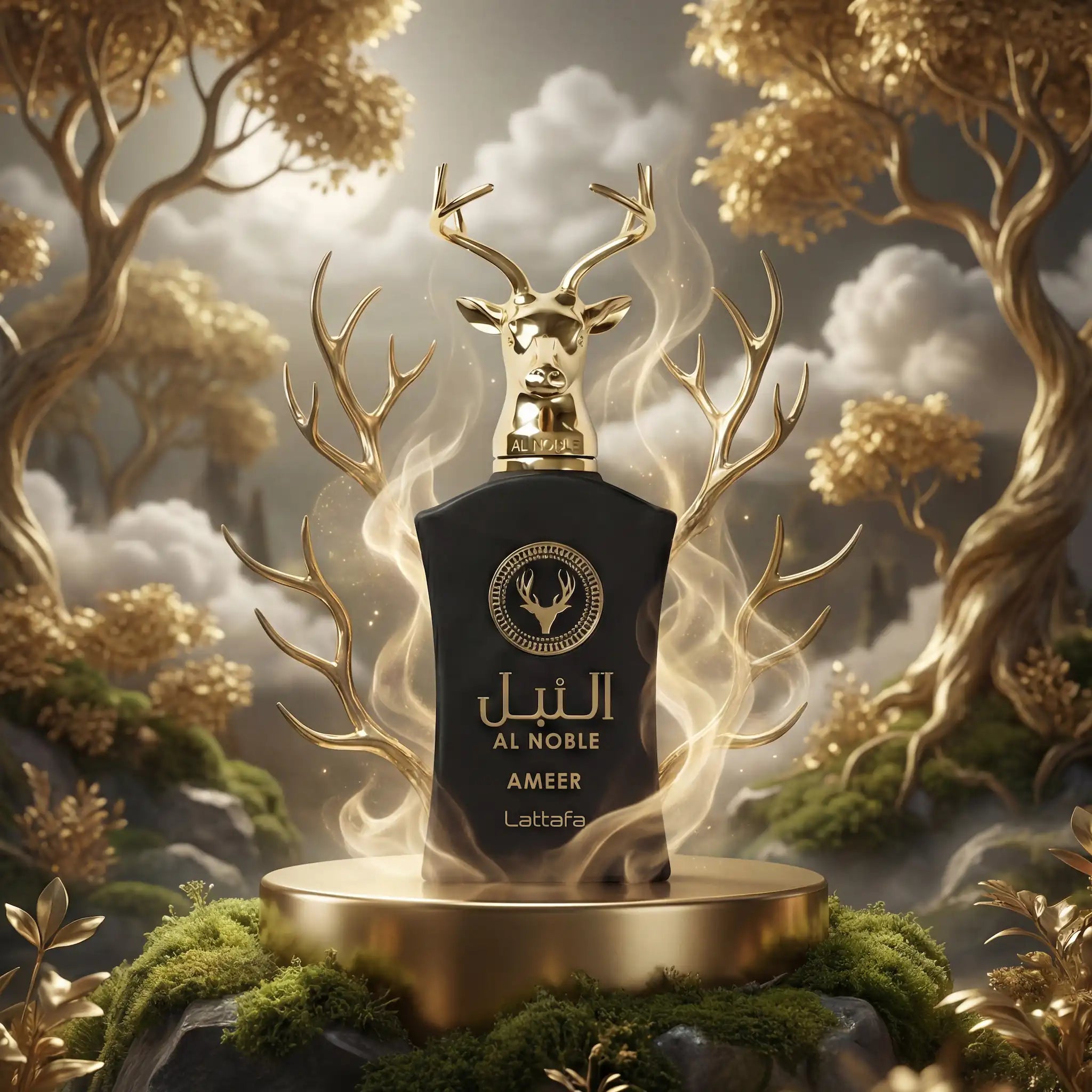 Al Noble Ameer Lattafa Eau de Parfum Para Hombre con fondo creativo de naturaleza