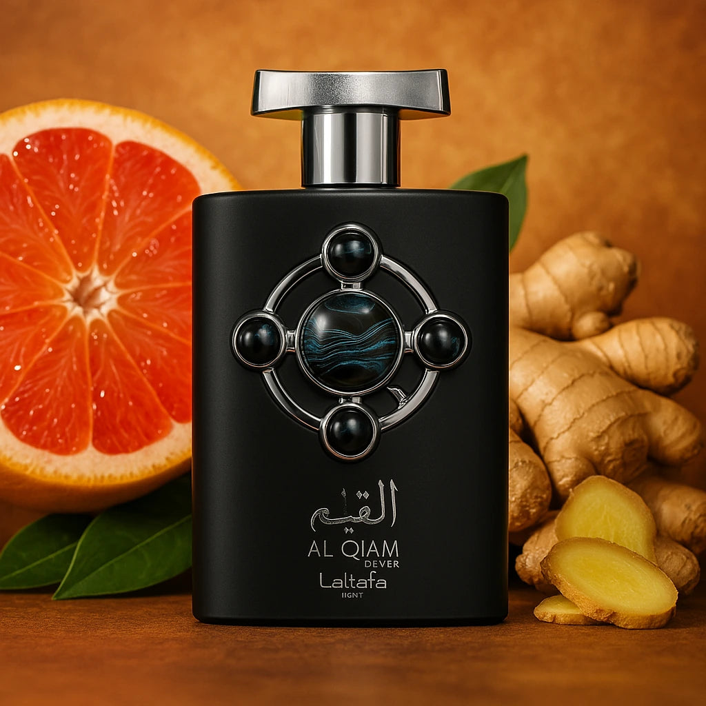 Al Qiam Silver Lattafa Eau de Parfum Para Hombre con fondo de jengibre