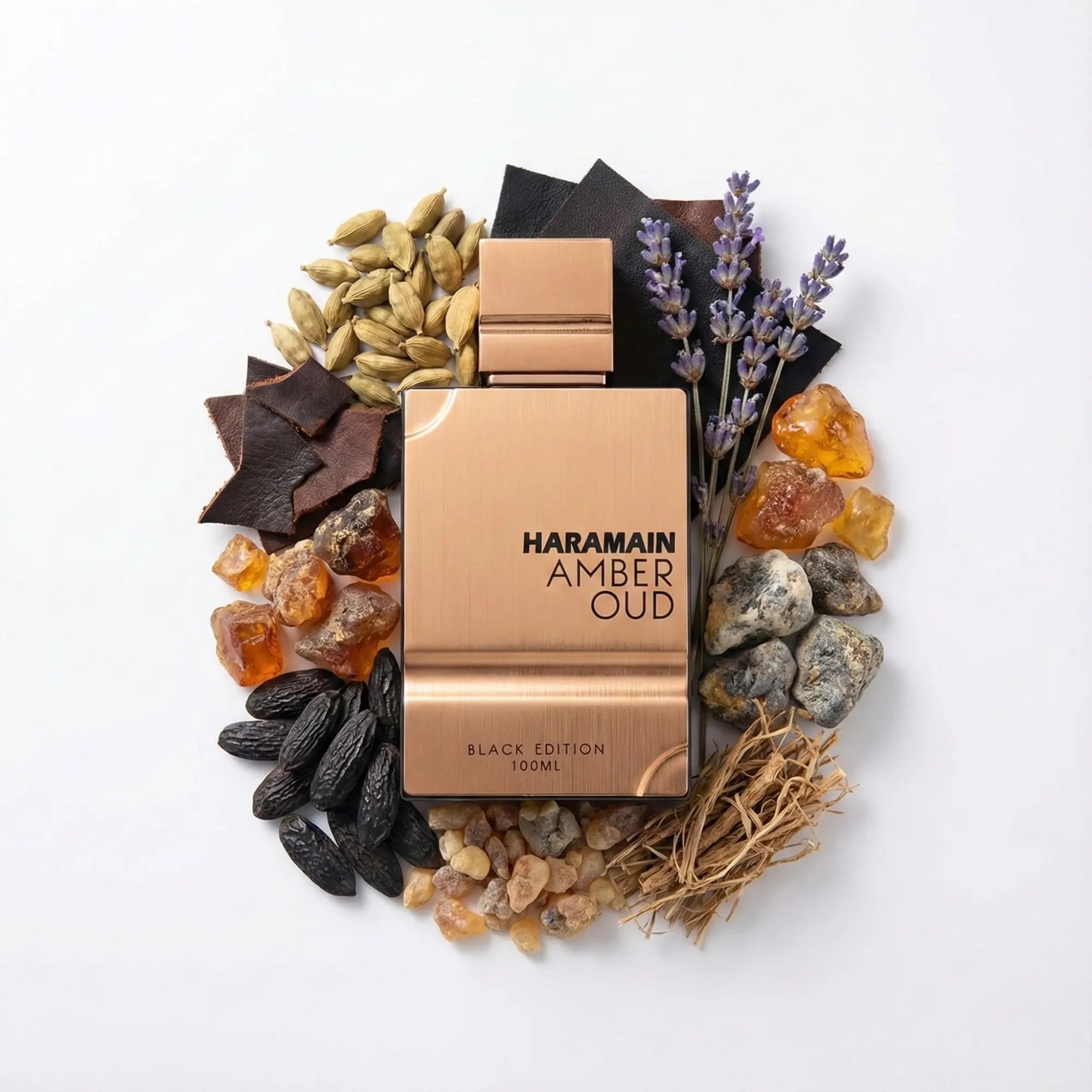 Amber Oud Black Edition Al Haramain Eau de Parfum Unisex con fondo de ingredientes