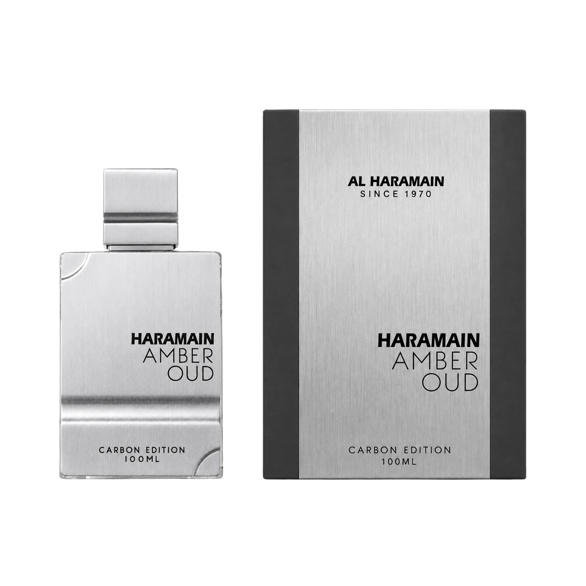 Frasco y caja de Amber Oud Carbon Edition Al Haramain Eau de Parfum Para Hombre