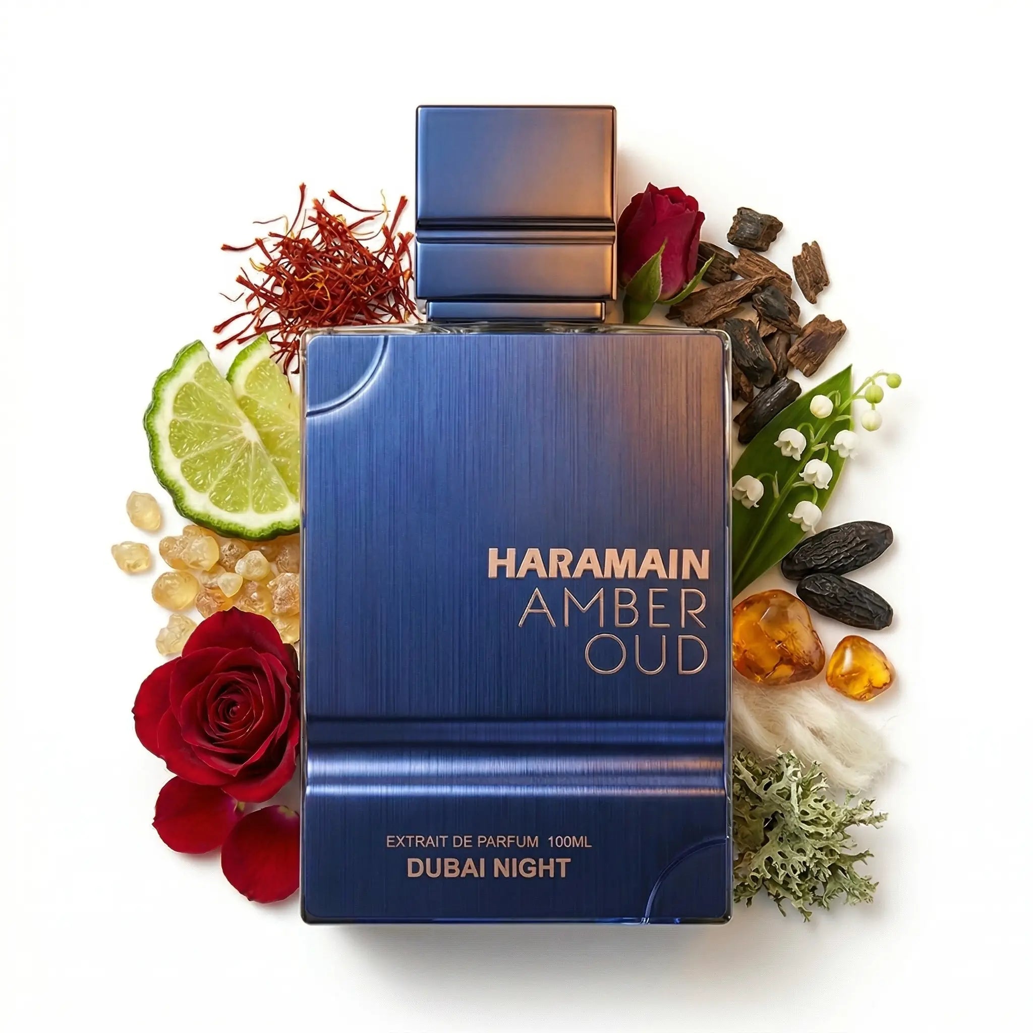 Amber Oud Dubai Night Al Haramain Extrait de Parfum Para Hombre con fondo de ingredientes
