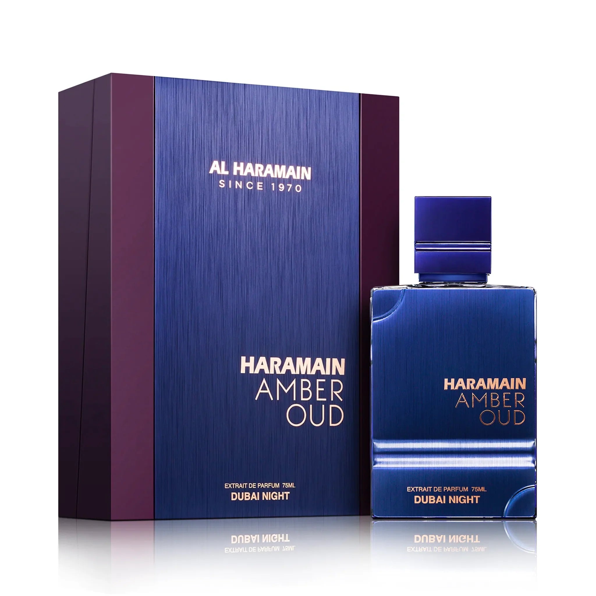 Frasco y caja de Amber Oud Dubai Night Al Haramain Extrait de Parfum Para Hombre